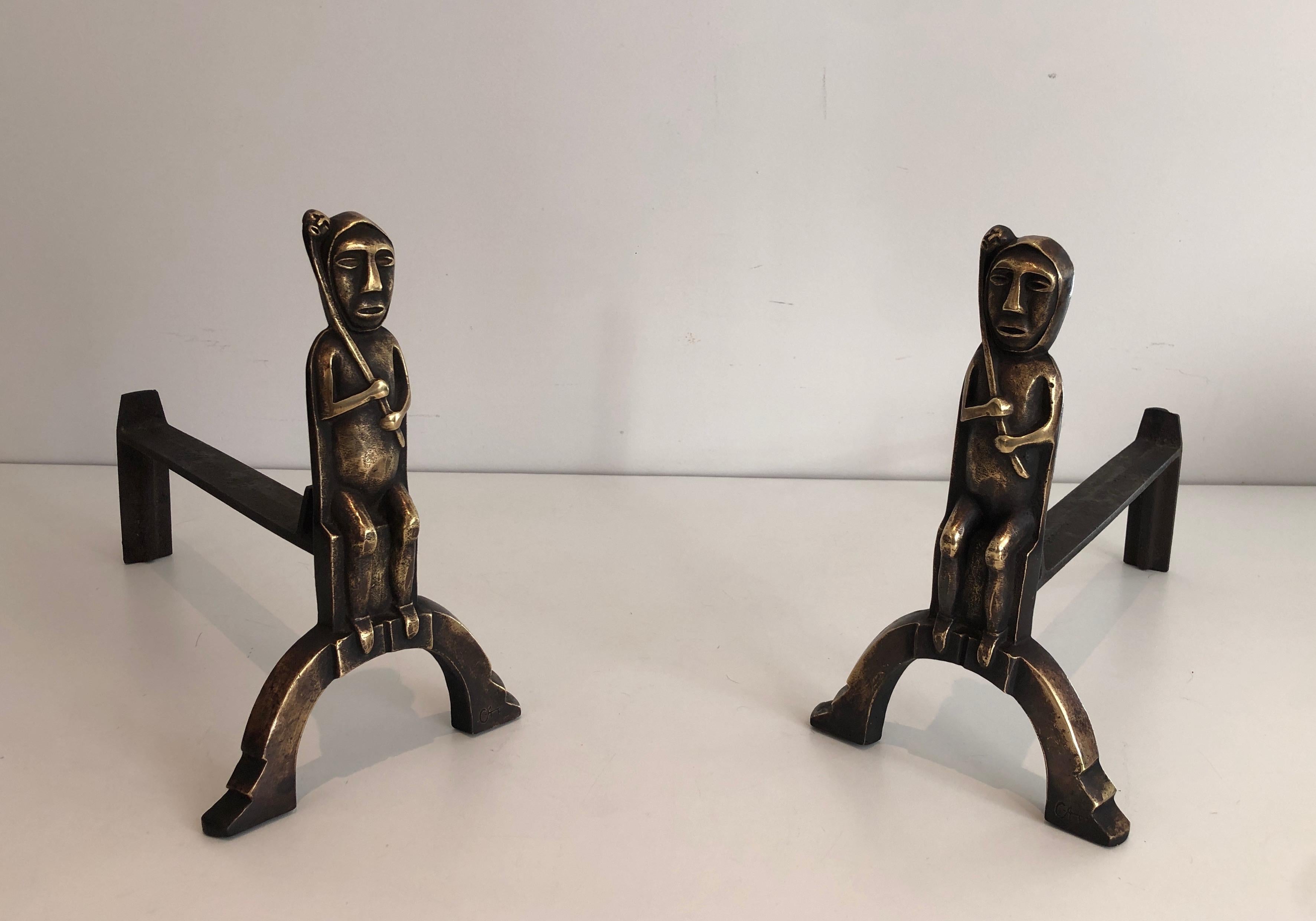 Pair of Bronze Andirons with Seated Shamans, Monogramed by Anton Prinner For Sale 10