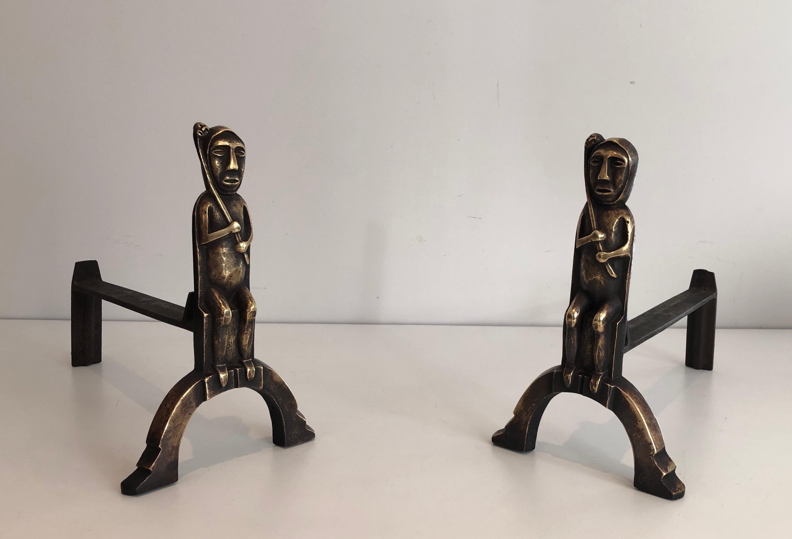 This pair of andirons is made of seated shamans. This is a French work monogramed by Anton Prinner. Circa 1930.
 