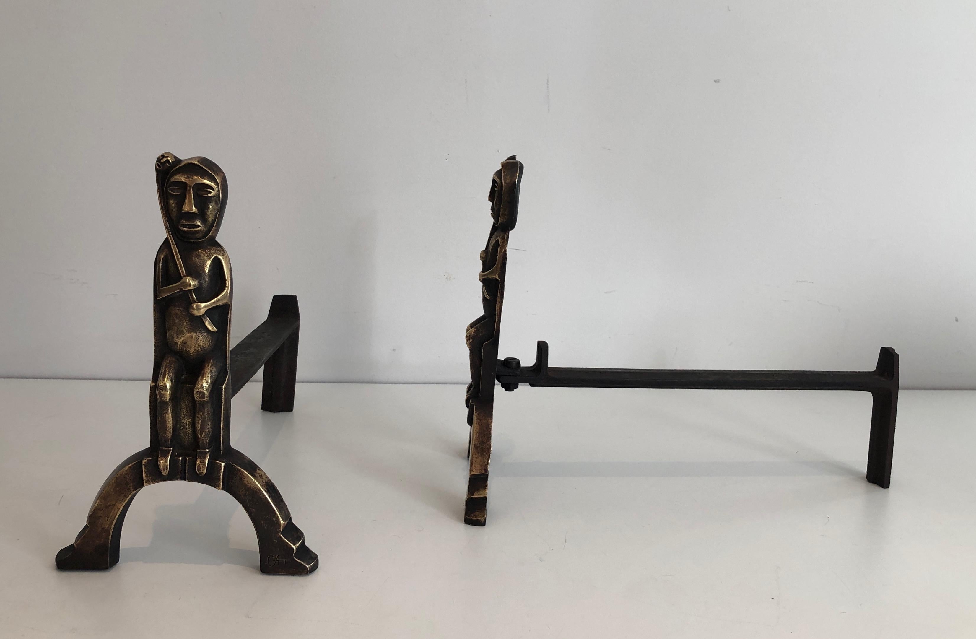French Pair of Bronze Andirons with Seated Shamans, Monogramed by Anton Prinner For Sale