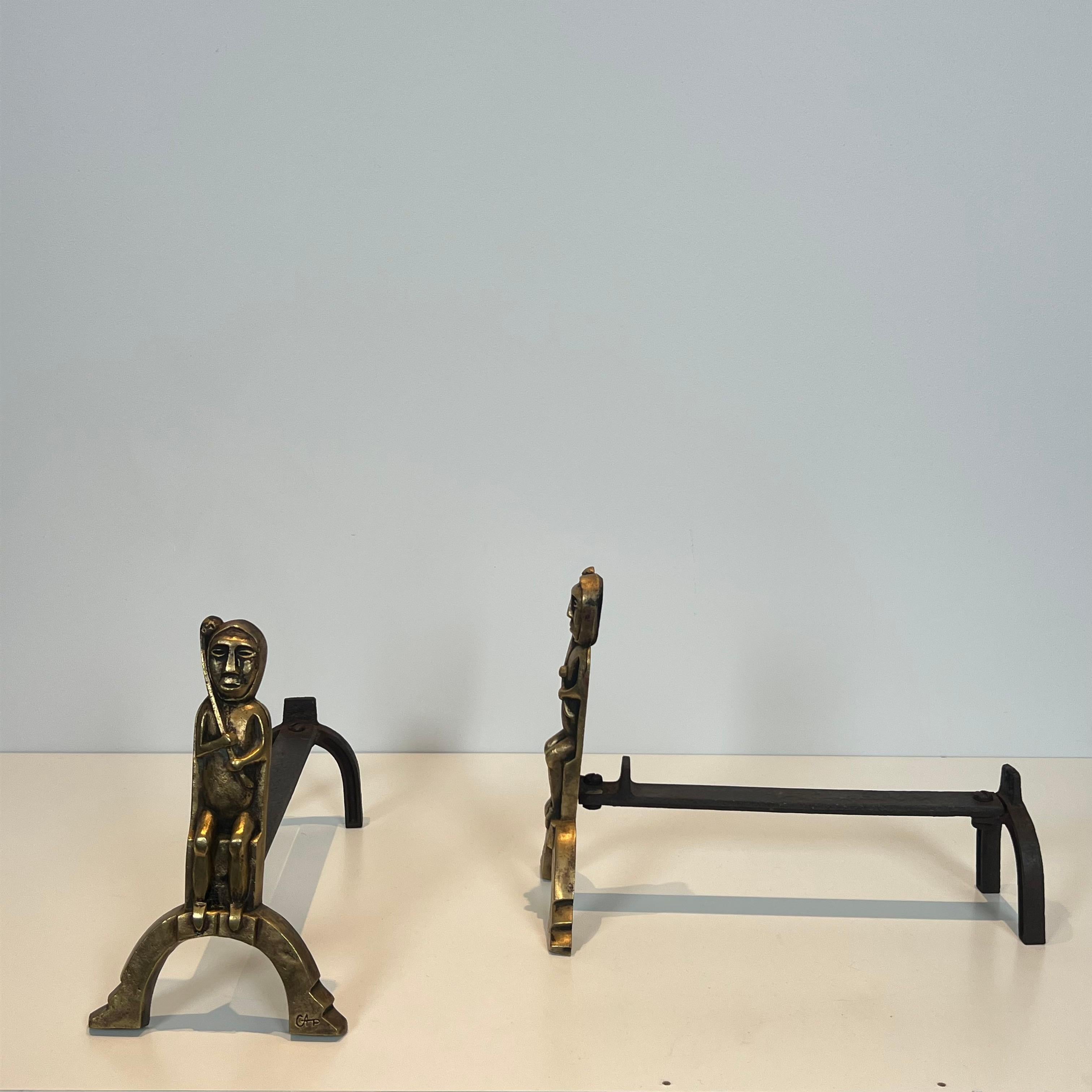French Pair of Bronze Andirons with Seated Shamans, Monogramed by Anton Prinner For Sale