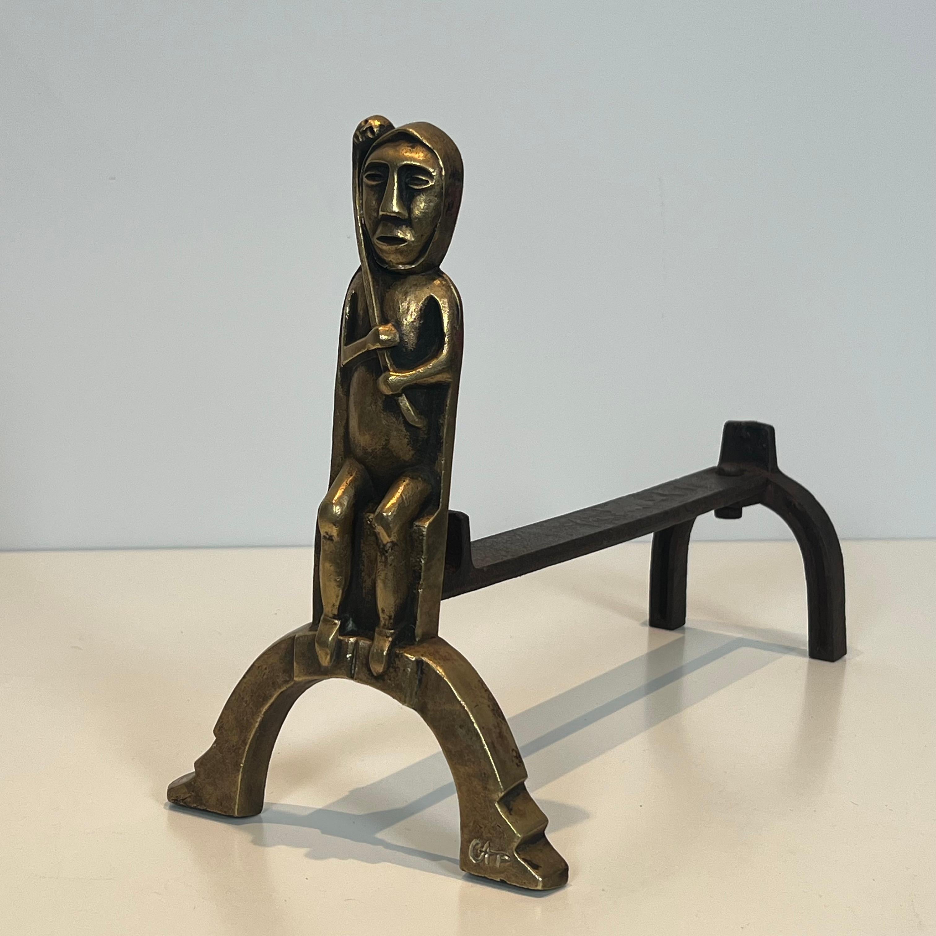 Mid-20th Century Pair of Bronze Andirons with Seated Shamans, Monogramed by Anton Prinner For Sale