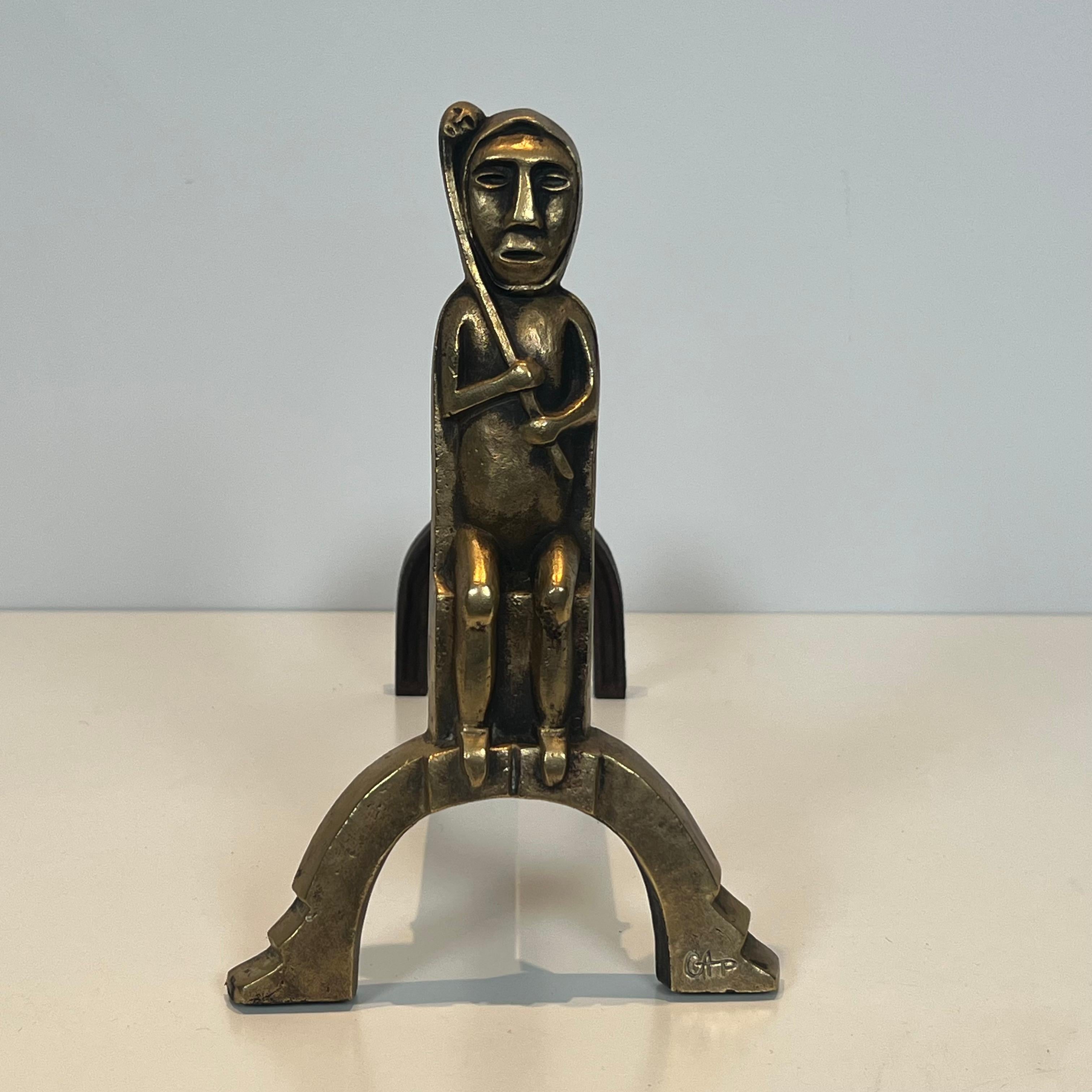 Iron Pair of Bronze Andirons with Seated Shamans, Monogramed by Anton Prinner For Sale