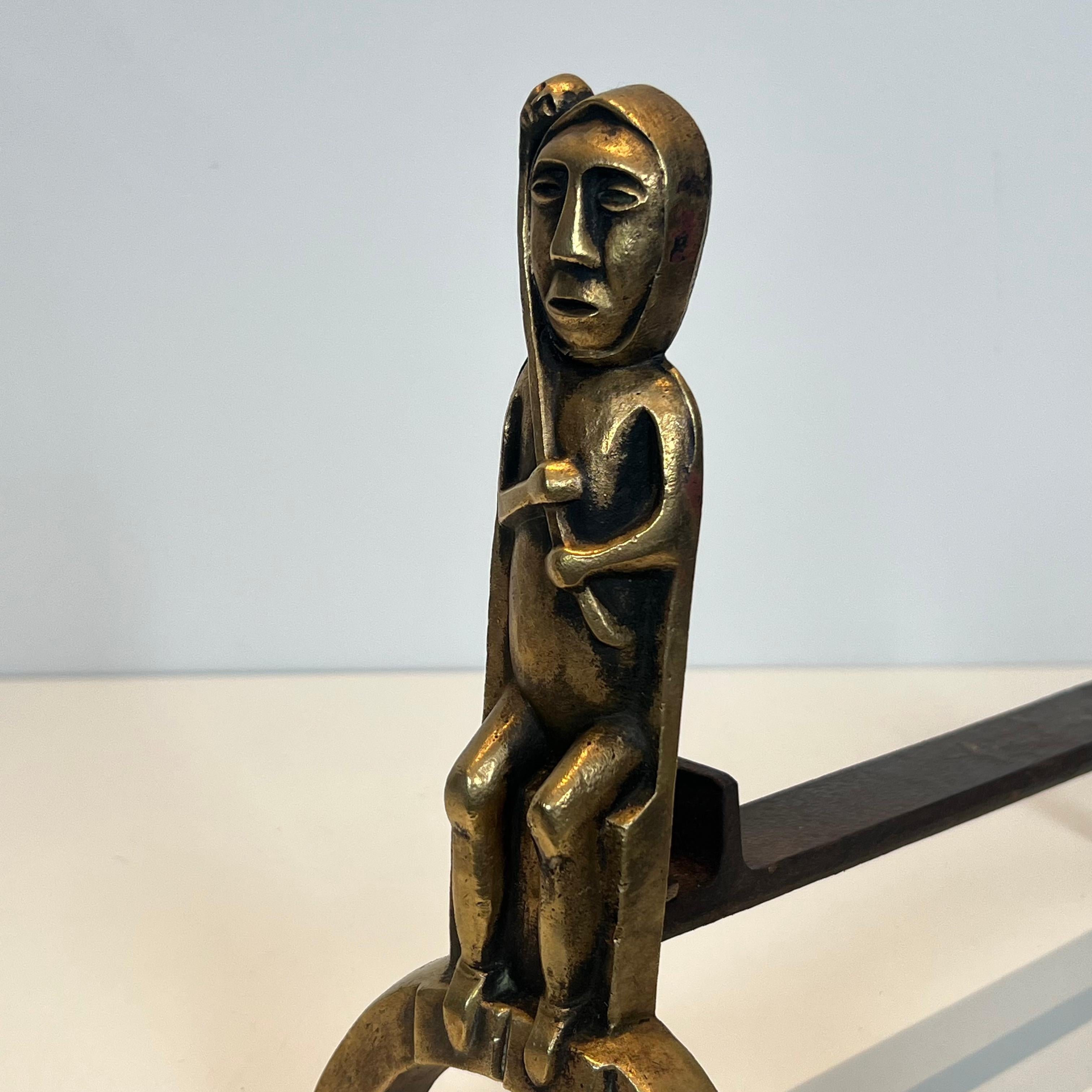 Pair of Bronze Andirons with Seated Shamans, Monogramed by Anton Prinner For Sale 1