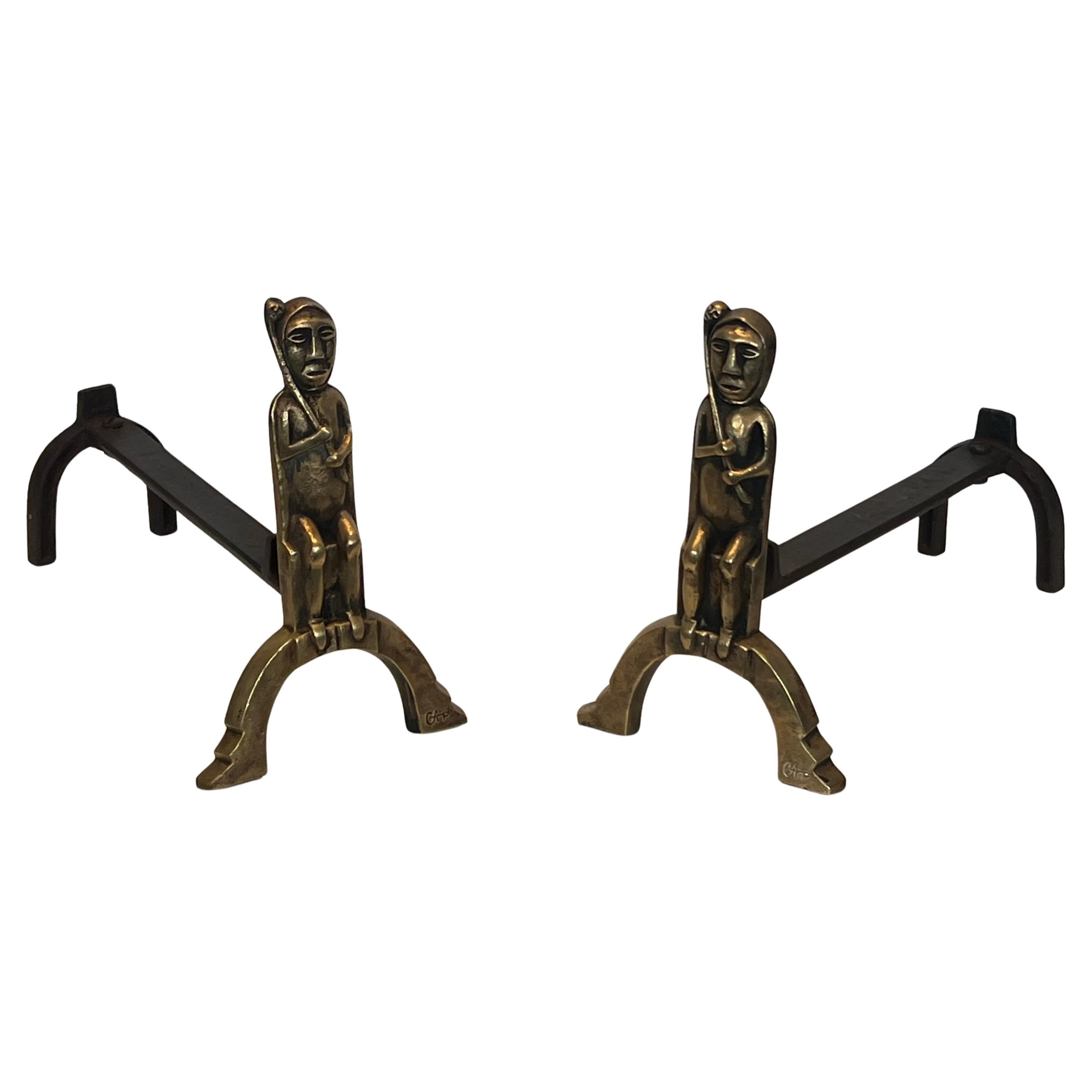 Pair of Bronze Andirons with Seated Shamans, Monogramed by Anton Prinner For Sale