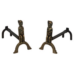 Pair of Bronze Andirons with Seated Shamans, Monogramed by Anton Prinner