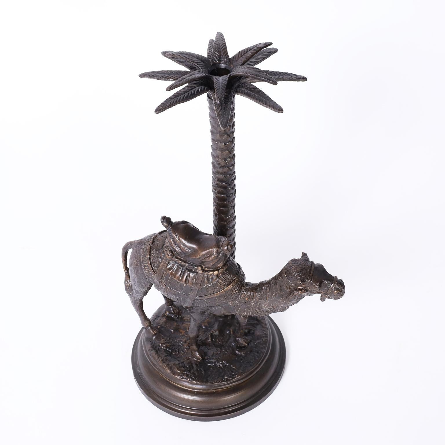 British Colonial  Pair of Bronze Anglo Indian Palm Tree Candlesticks with Camels