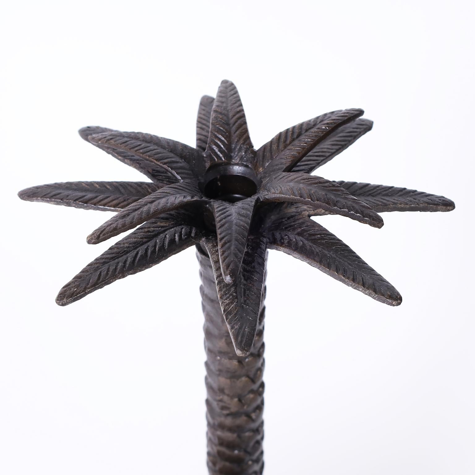 Bronzed Pair of Bronze Anglo Indian Palm Tree Candlesticks with Camels