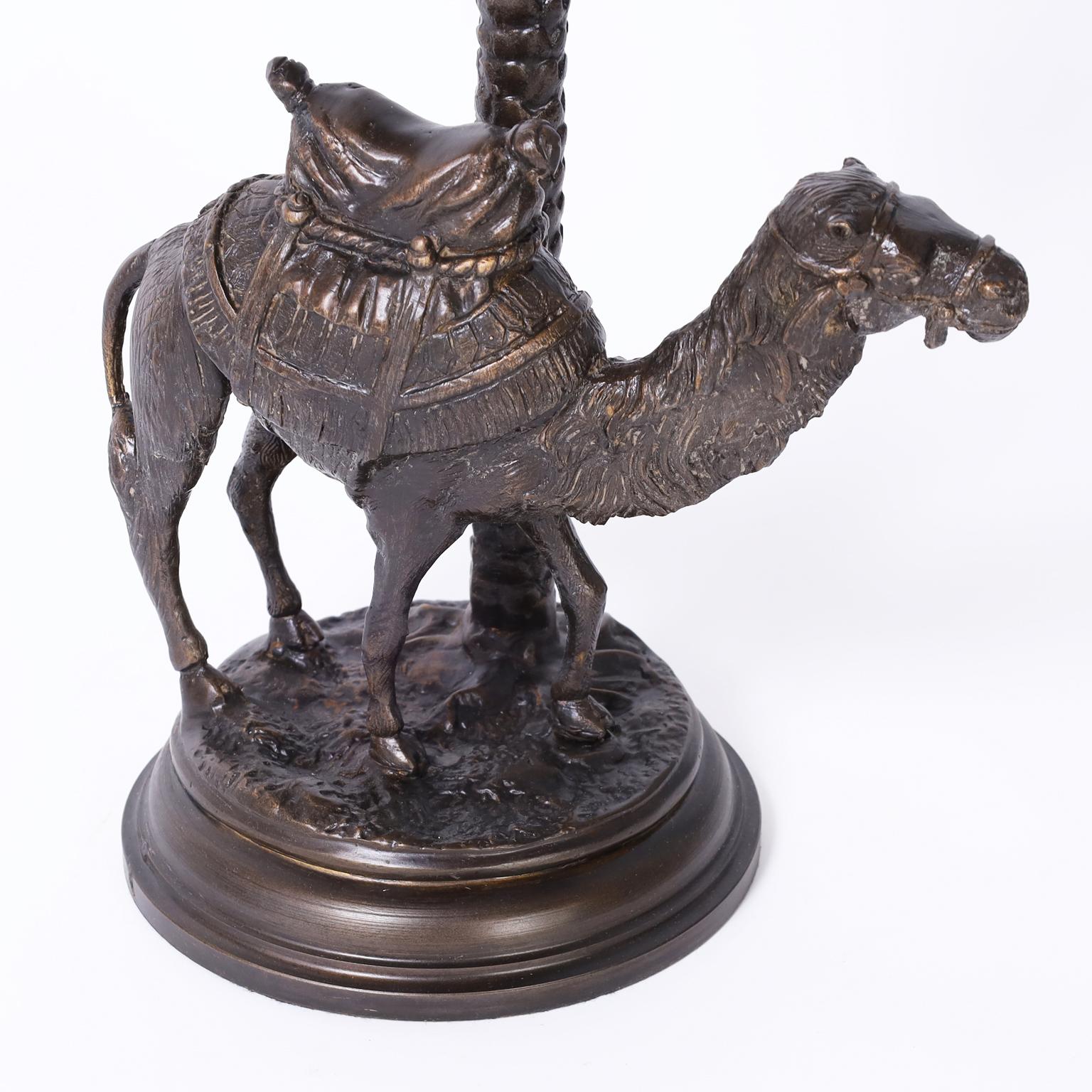 Pair of Bronze Anglo Indian Palm Tree Candlesticks with Camels In Good Condition In Palm Beach, FL