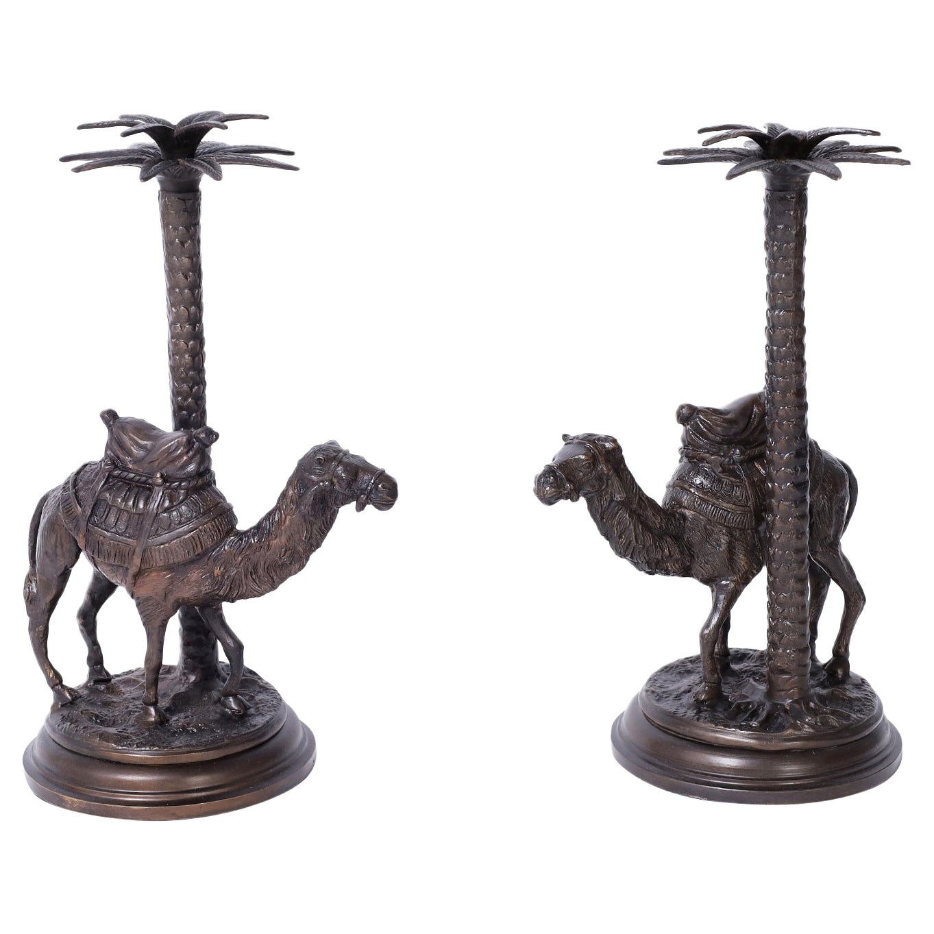 Pair of Bronze Anglo Indian Palm Tree Candlesticks with Camels