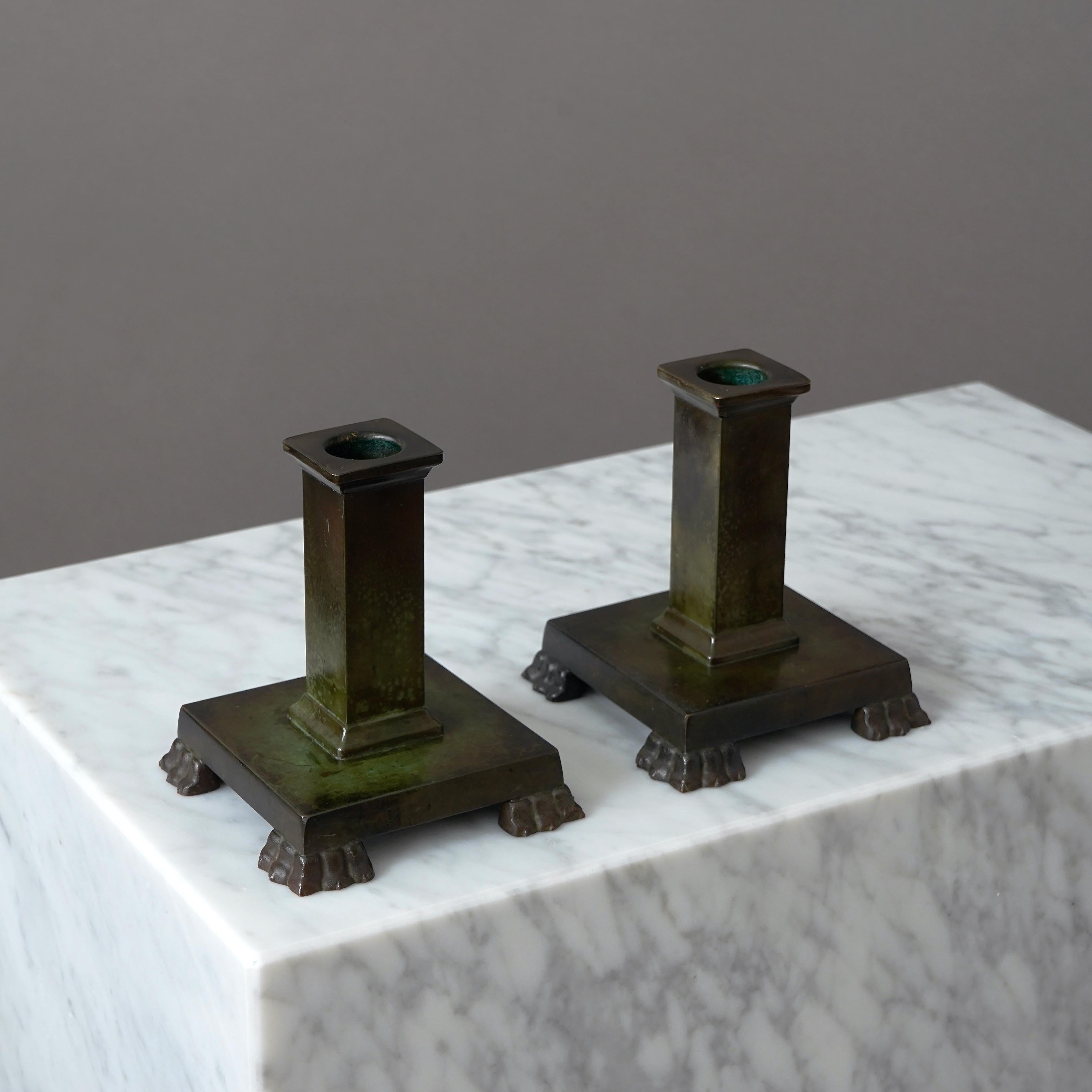 Scandinavian Modern Pair of Bronze Art Deco Candlesticks by GAB Guldsmedsaktiebolaget, Sweden, 1930s