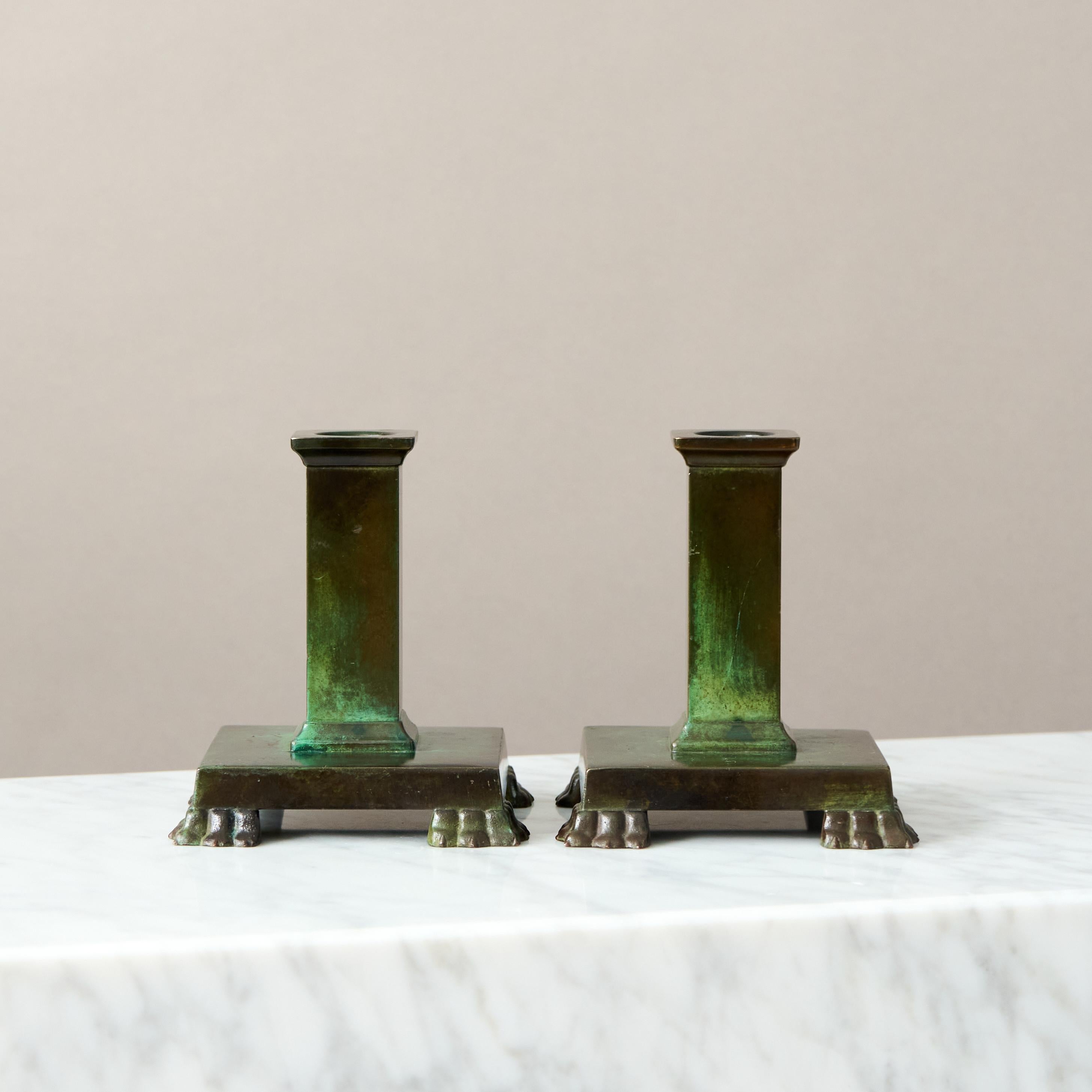 Metà XX secolo Pair of Bronze Art Deco Candlesticks by GAB Guldsmedsaktiebolaget, Sweden, 1930s in vendita