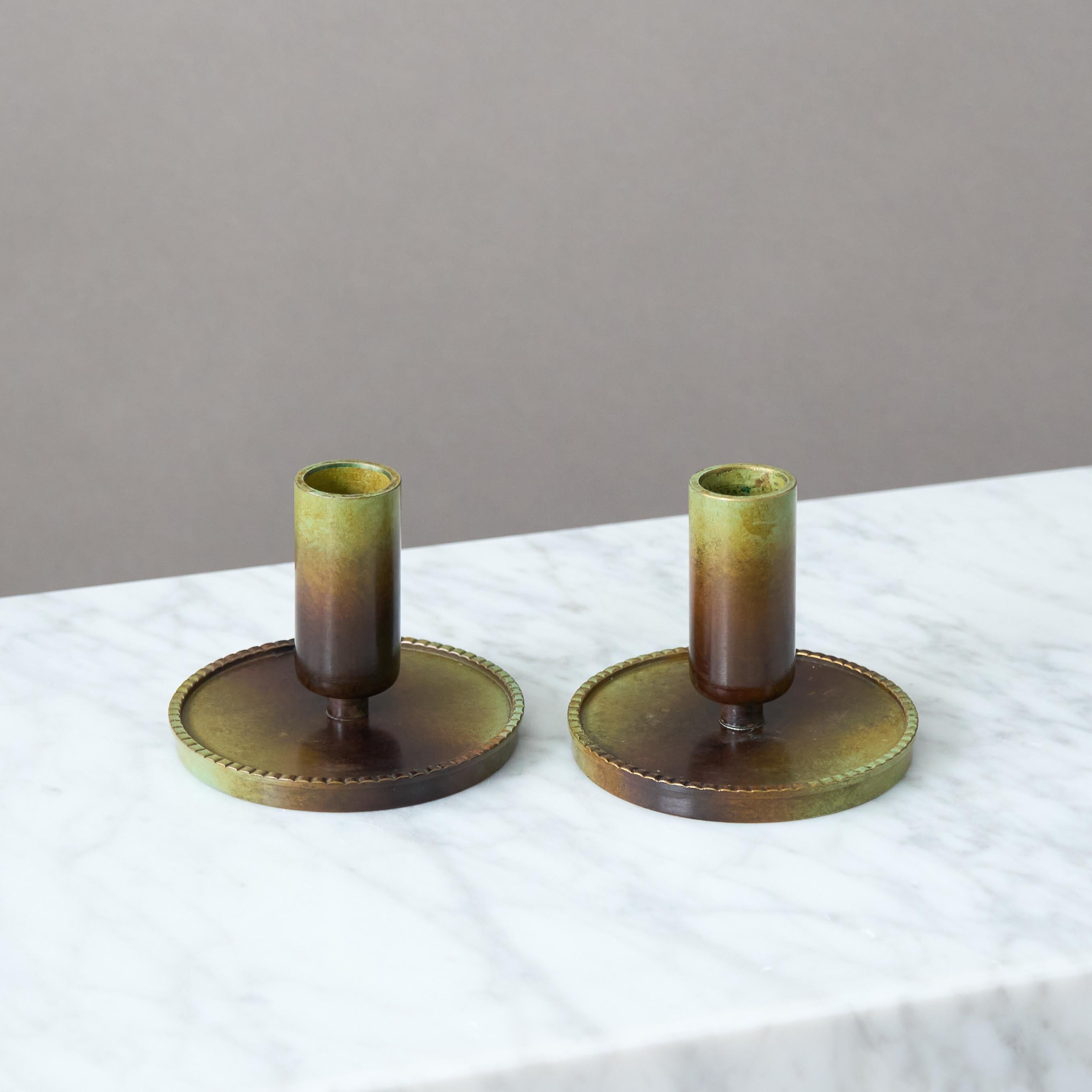 Swedish Pair of Bronze Art Deco Candlesticks by Ystad Brons, Sweden, 1930s For Sale