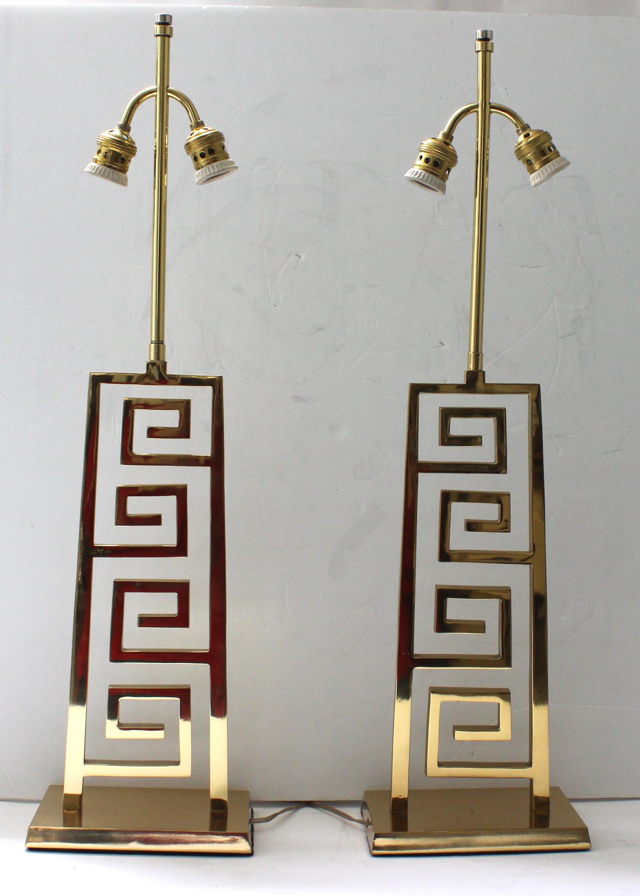 American Pair of Bronze Art Deco Lamps with Greek Key Motif For Sale