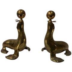 Pair of Bronze Art Deco Seal Sculptures with Balls, France, 1930