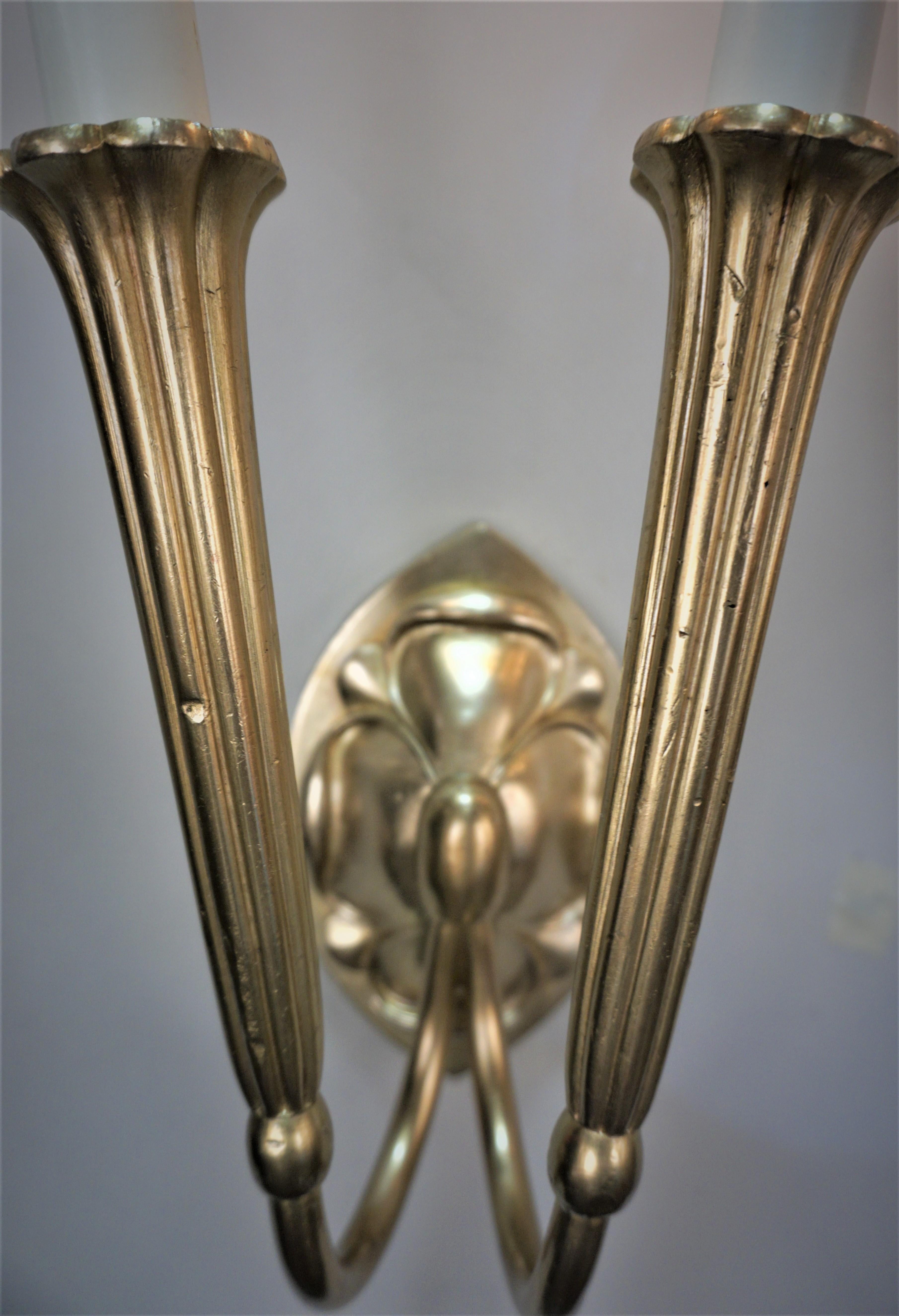 French Pair of Bronze Art Deco Wall Sconces For Sale