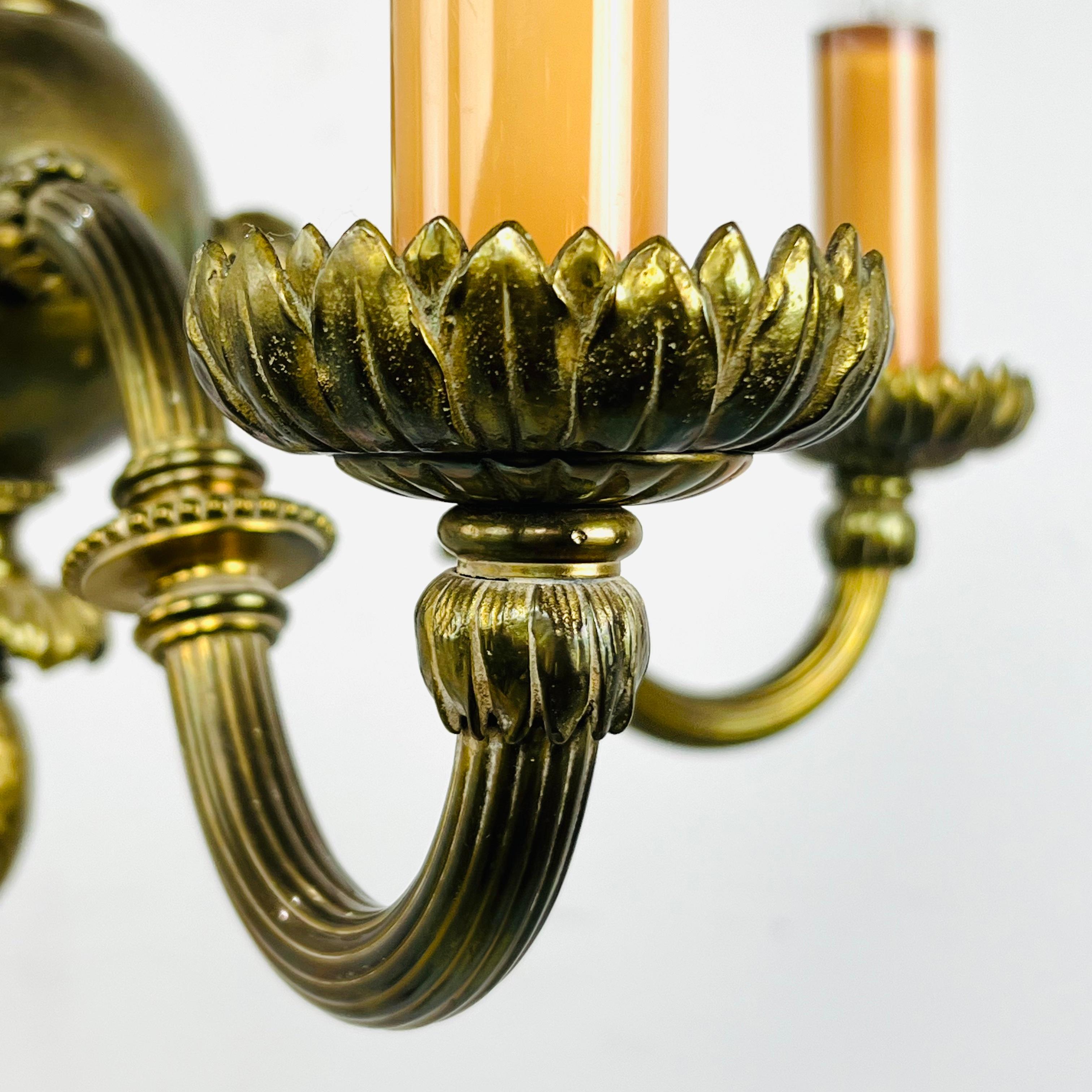 Pair of Bronze Art Nouveau 4 Arm Candlestick Chandeliers In Good Condition For Sale In Dallas, TX