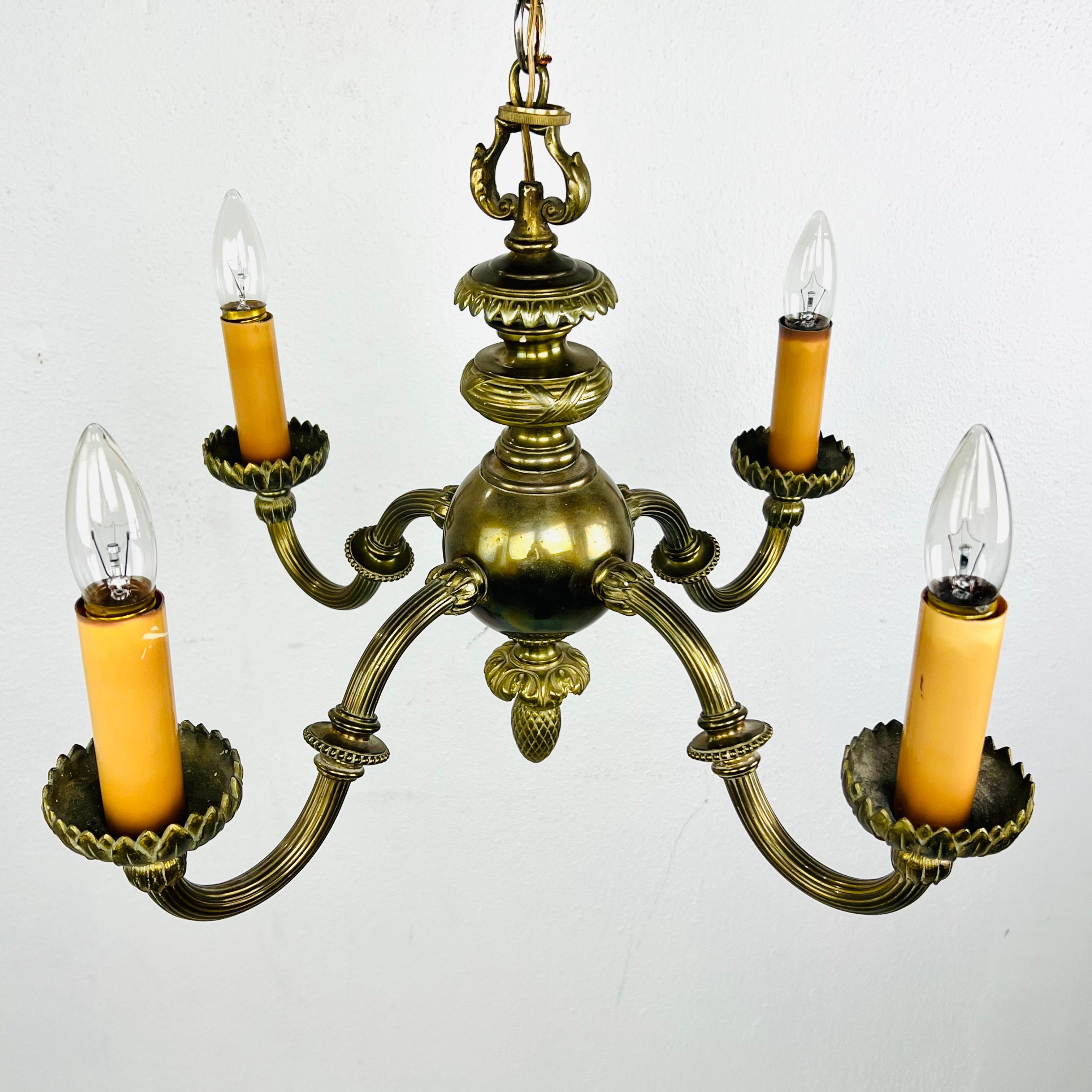 20th Century Pair of Bronze Art Nouveau 4 Arm Candlestick Chandeliers For Sale