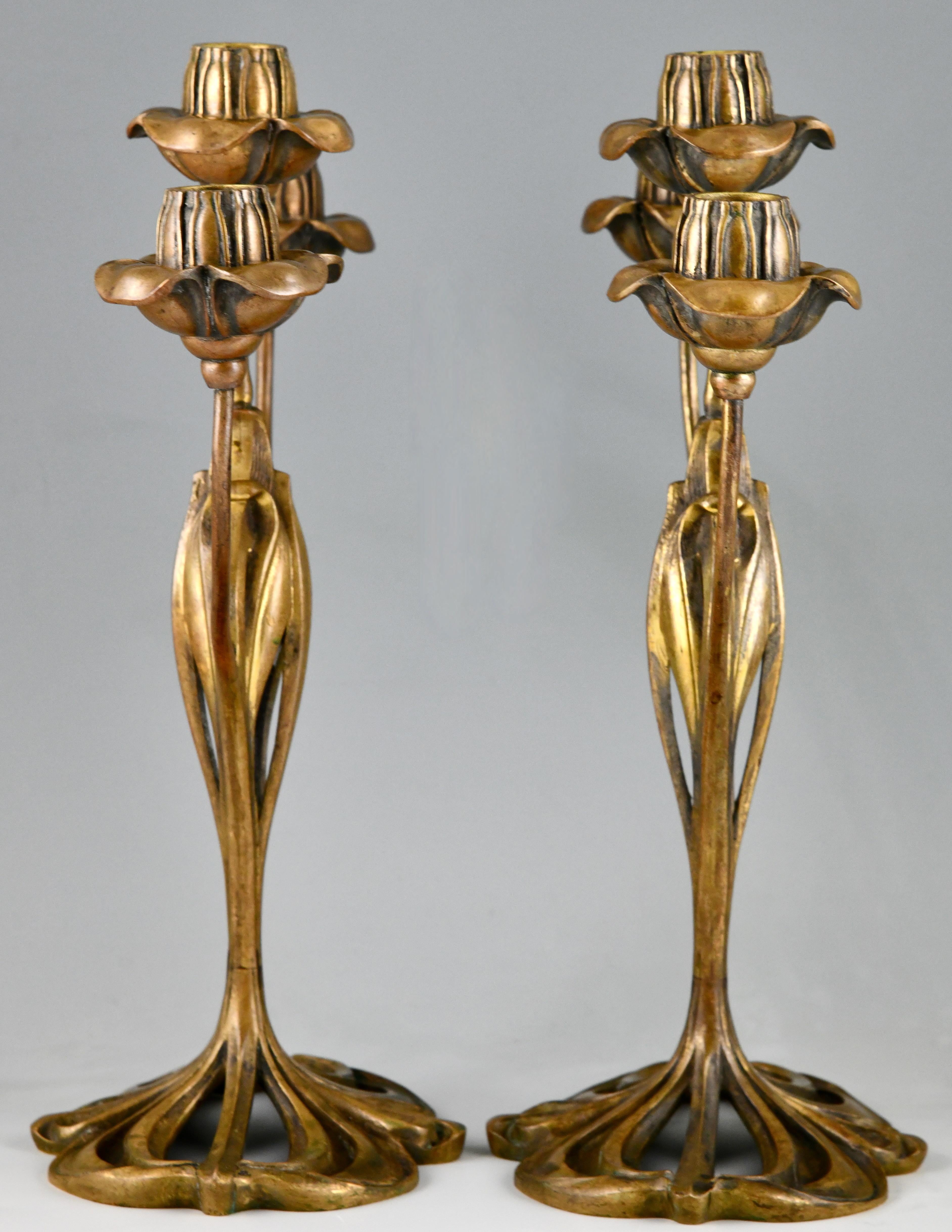 French Pair of bronze Art Nouveau candelabra with floral design by Georges de Feure