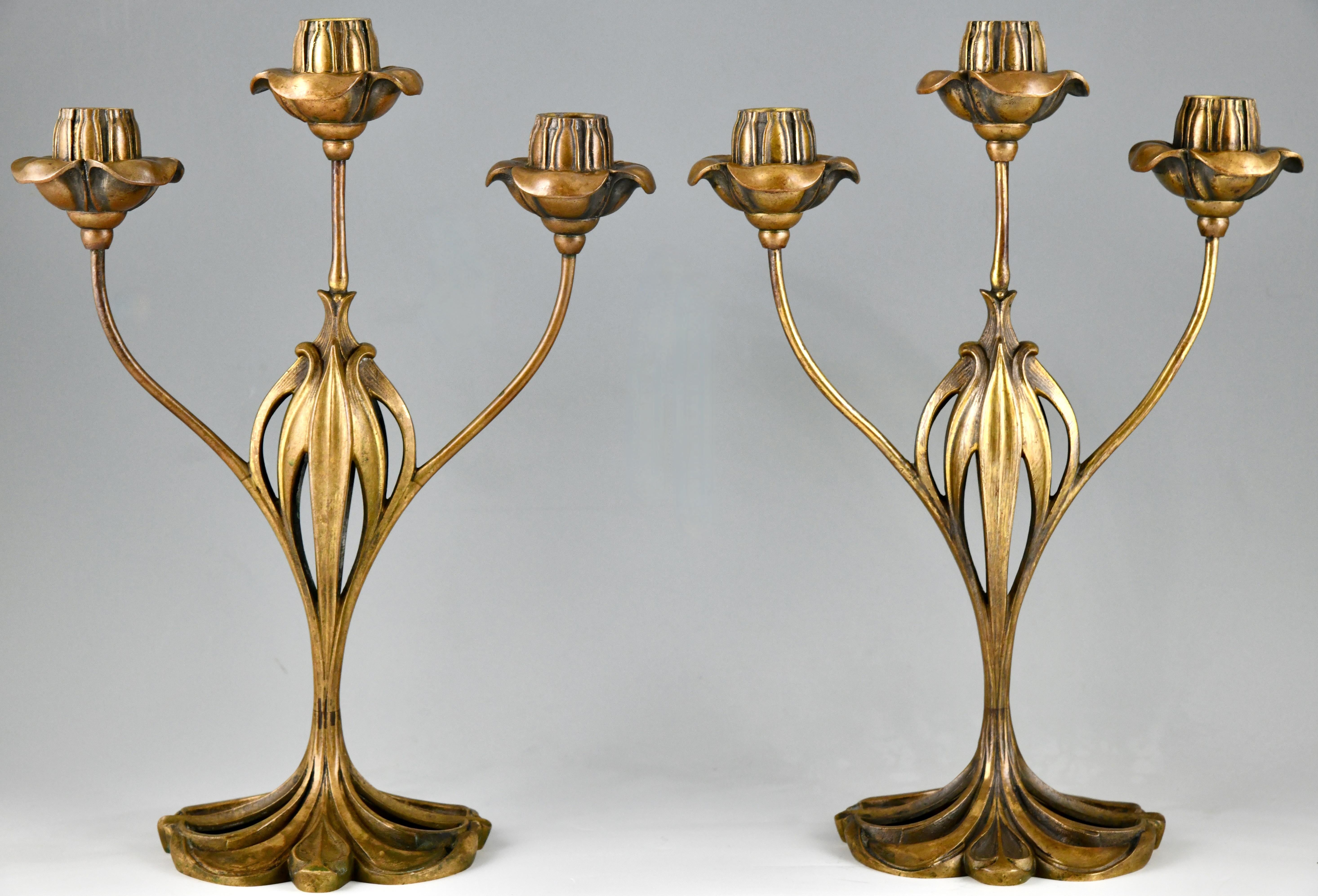 Patinated Pair of bronze Art Nouveau candelabra with floral design by Georges de Feure For Sale