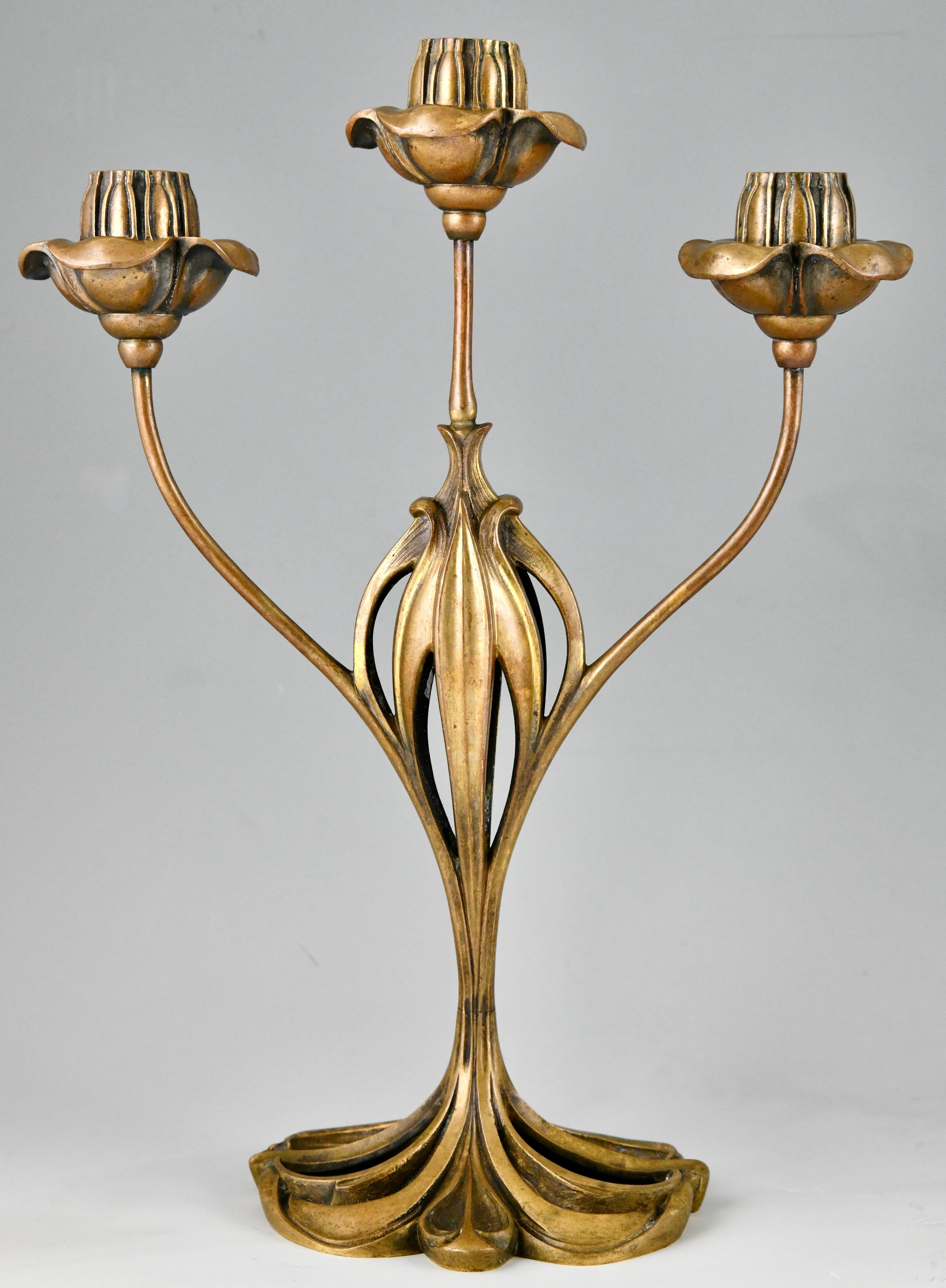 Early 20th Century Pair of bronze Art Nouveau candelabra with floral design by Georges de Feure