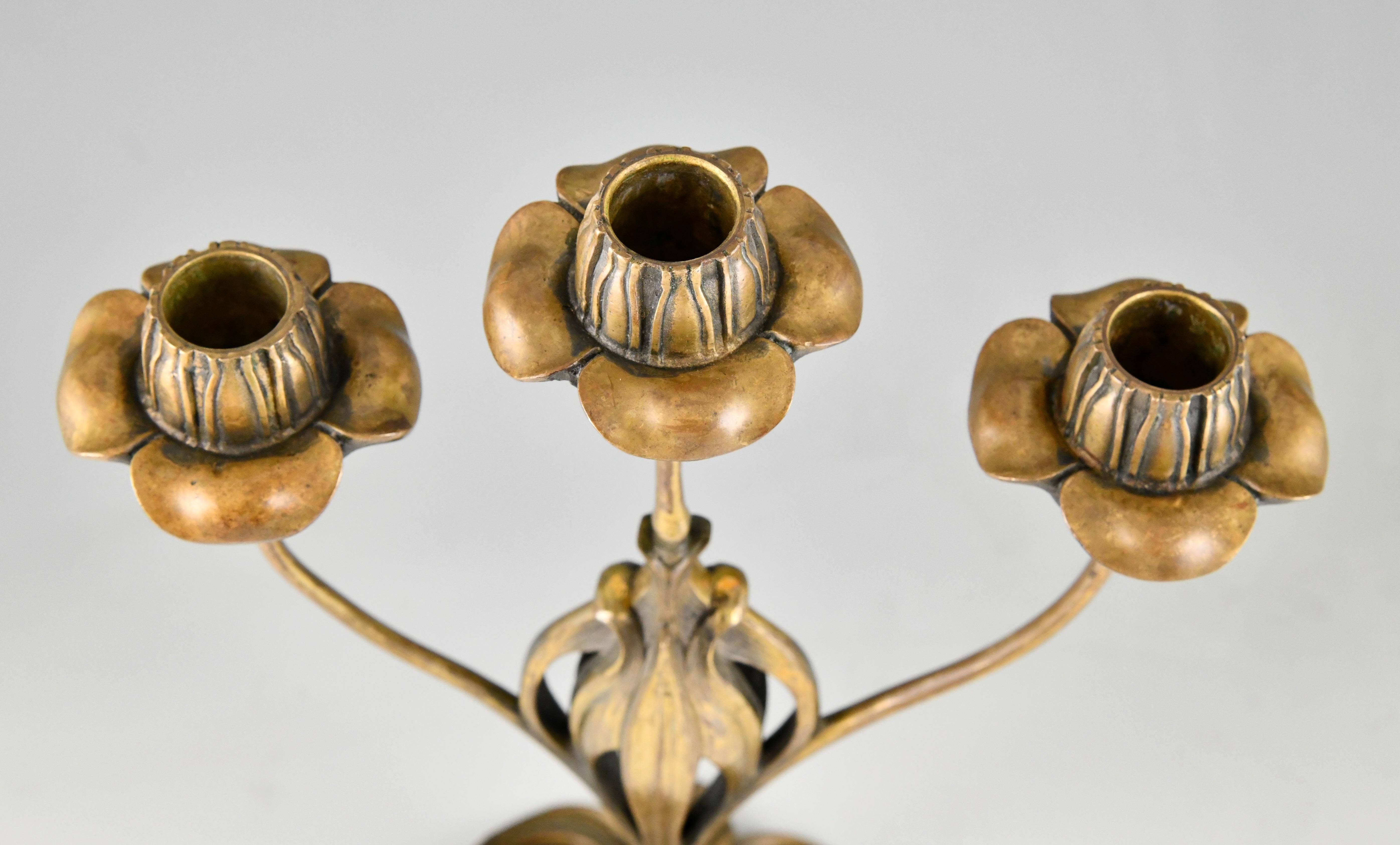 Pair of bronze Art Nouveau candelabra with floral design by Georges de Feure For Sale 1