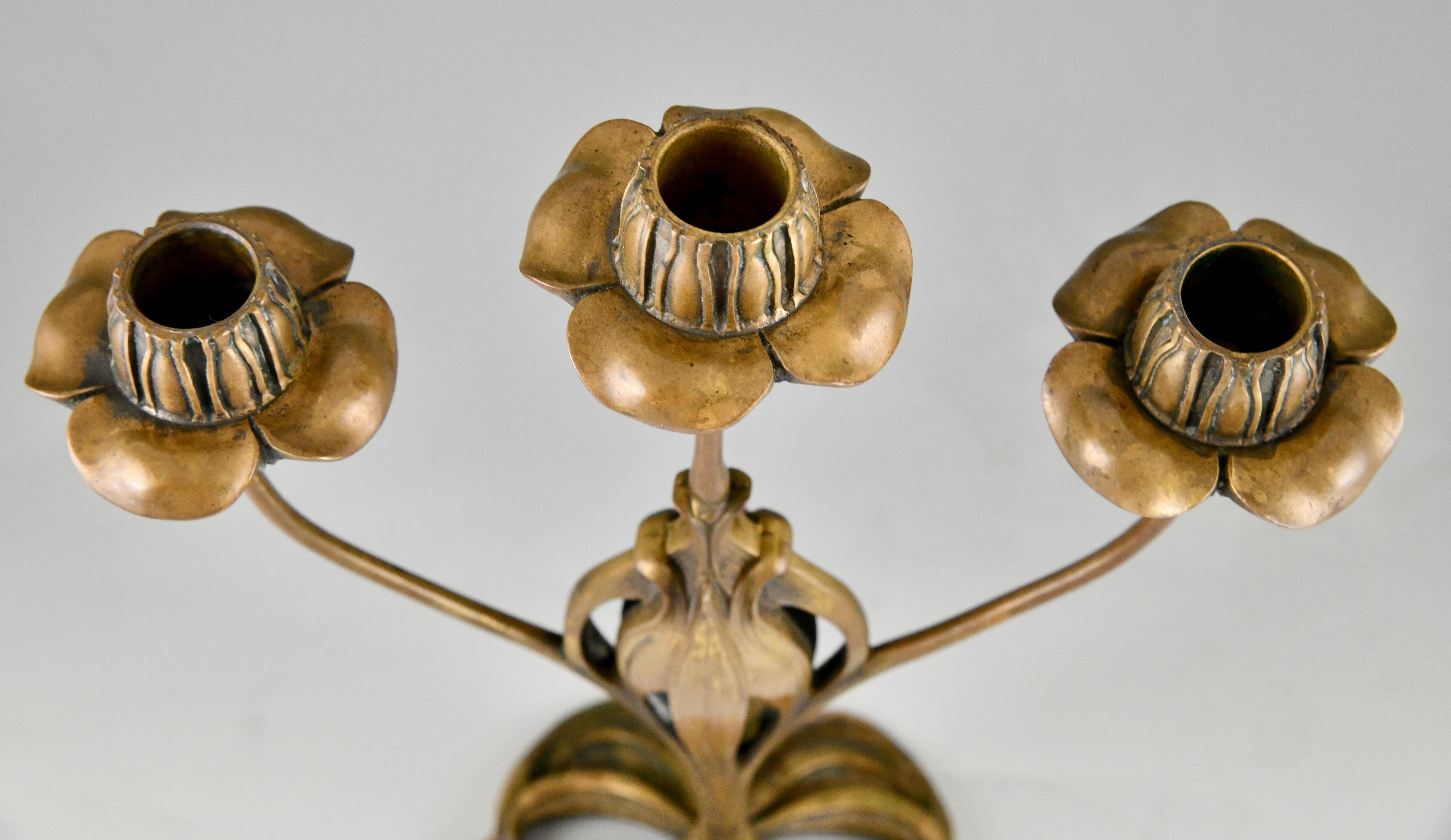Pair of bronze Art Nouveau candelabra with floral design by Georges de Feure For Sale 2