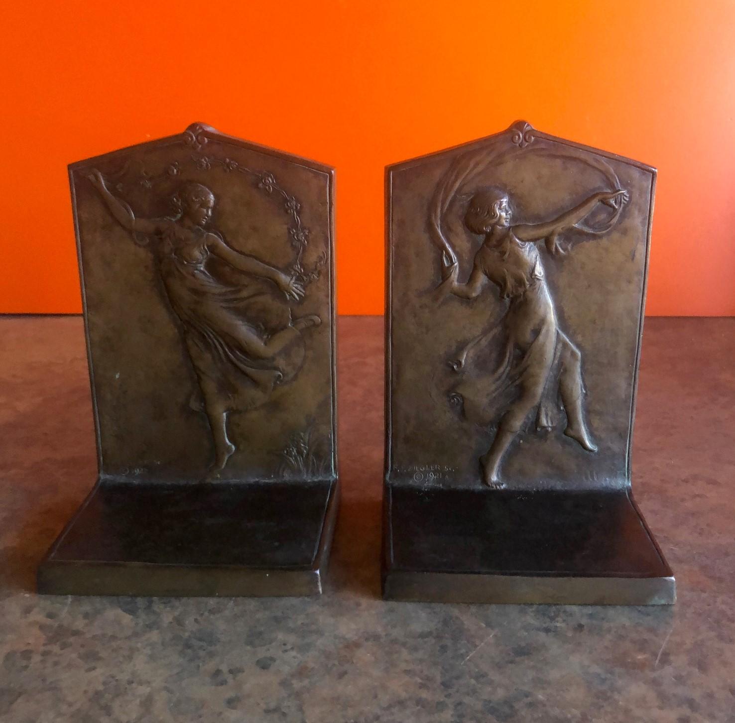 Cast Pair of Bronze Art Nouveau Dancers Bookends by F.F. Ziegler for Gorham Founders For Sale