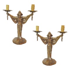 Pair of Bronze Art Nouveau Style Figural Female Candelabra Lamp