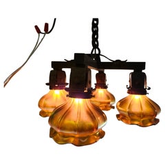 Pair of Bronze Arts and Crafts Chandeliers w Steuben Aurene Glass Shades 4 Light