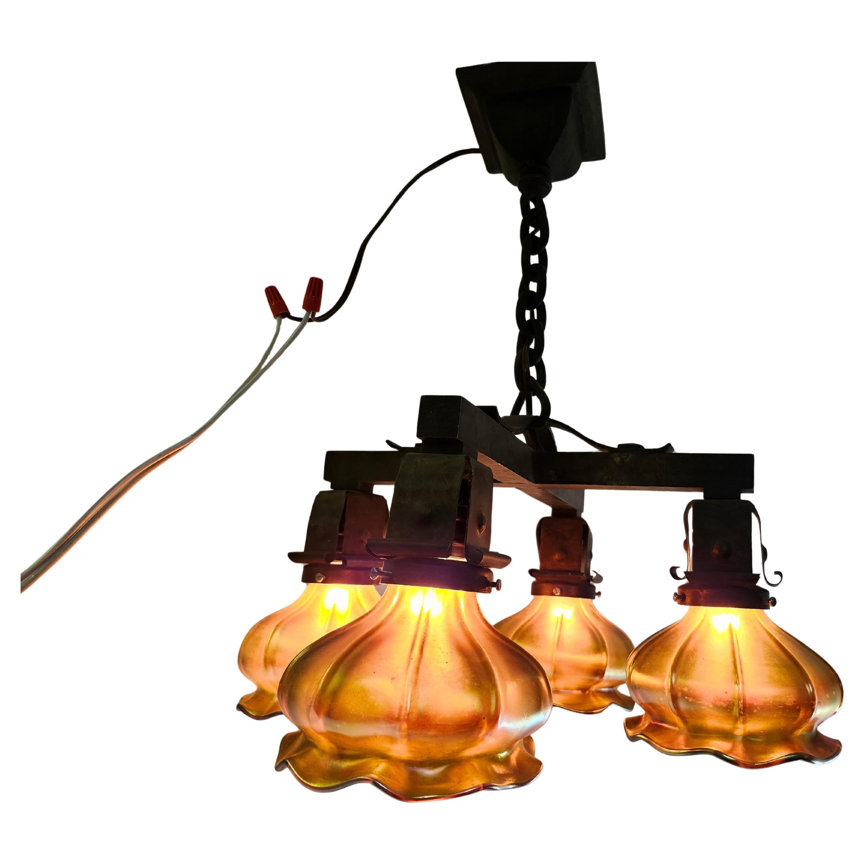 Pair of Bronze Arts and Crafts Chandeliers w Steuben Aurene Glass Shades 4 Light