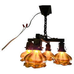 Pair of Bronze Arts and Crafts Chandeliers w Steuben Aurene Glass Shades 4 Light