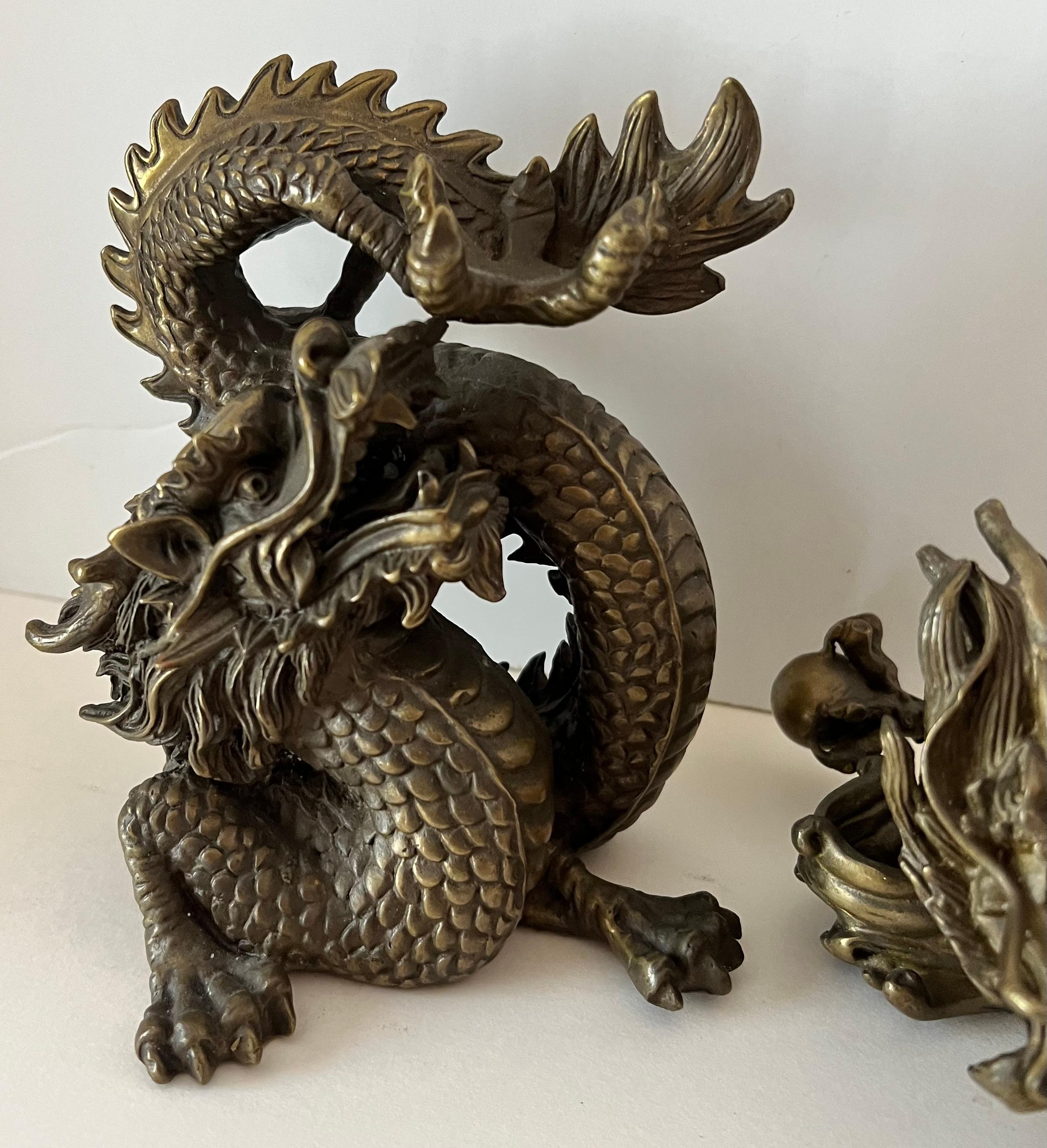 Pair of Bronze Asian Dragon Sculptures Bookends For Sale 5