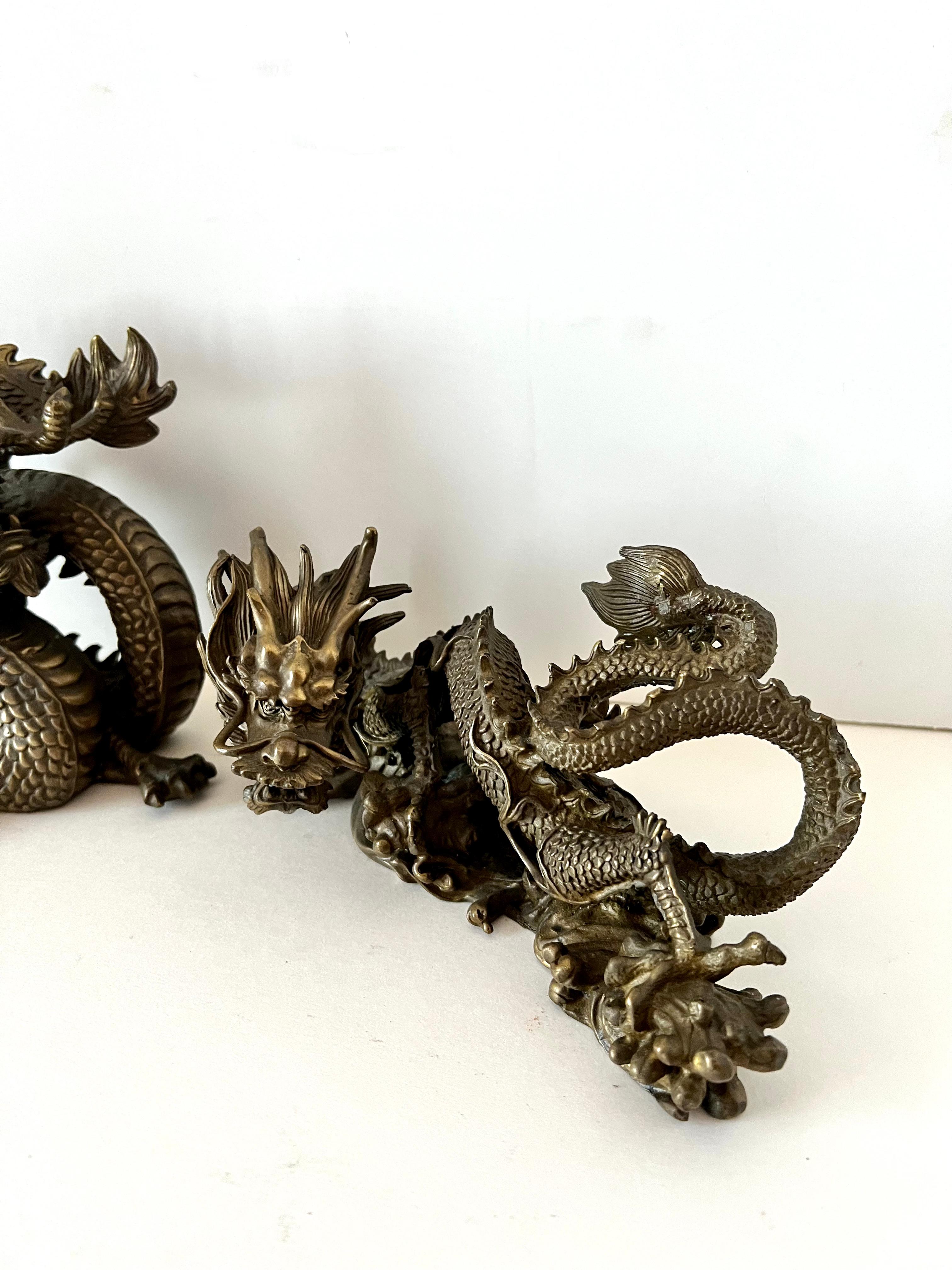 Pair of Bronze Asian Dragon Sculptures Bookends For Sale 4