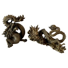 Antique Pair of Bronze Asian Dragon Sculptures Bookends