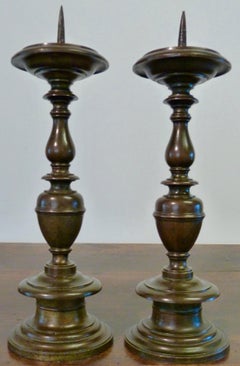 Italian Baroque, Pair of Bronze Pricket Candlesticks, 17th Century