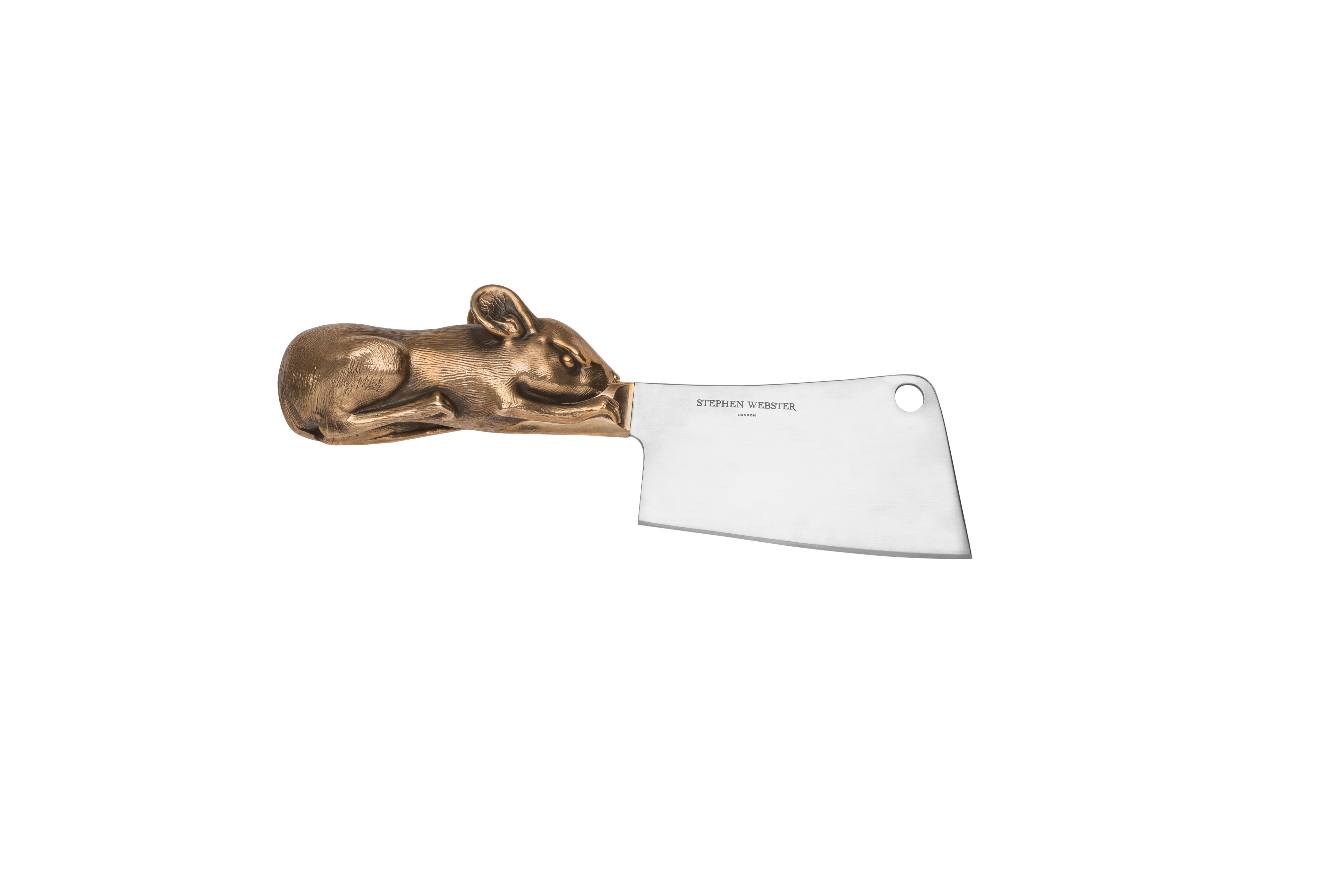 A pair of Bronze Beast Cheese Knives with steel blade and cleaver and bronze handle featuring a Cute Mouse and an Angry Mouse. 

Please enquire for your exclusive price if your delivery country is outside of the United Kingdom.

The luxury