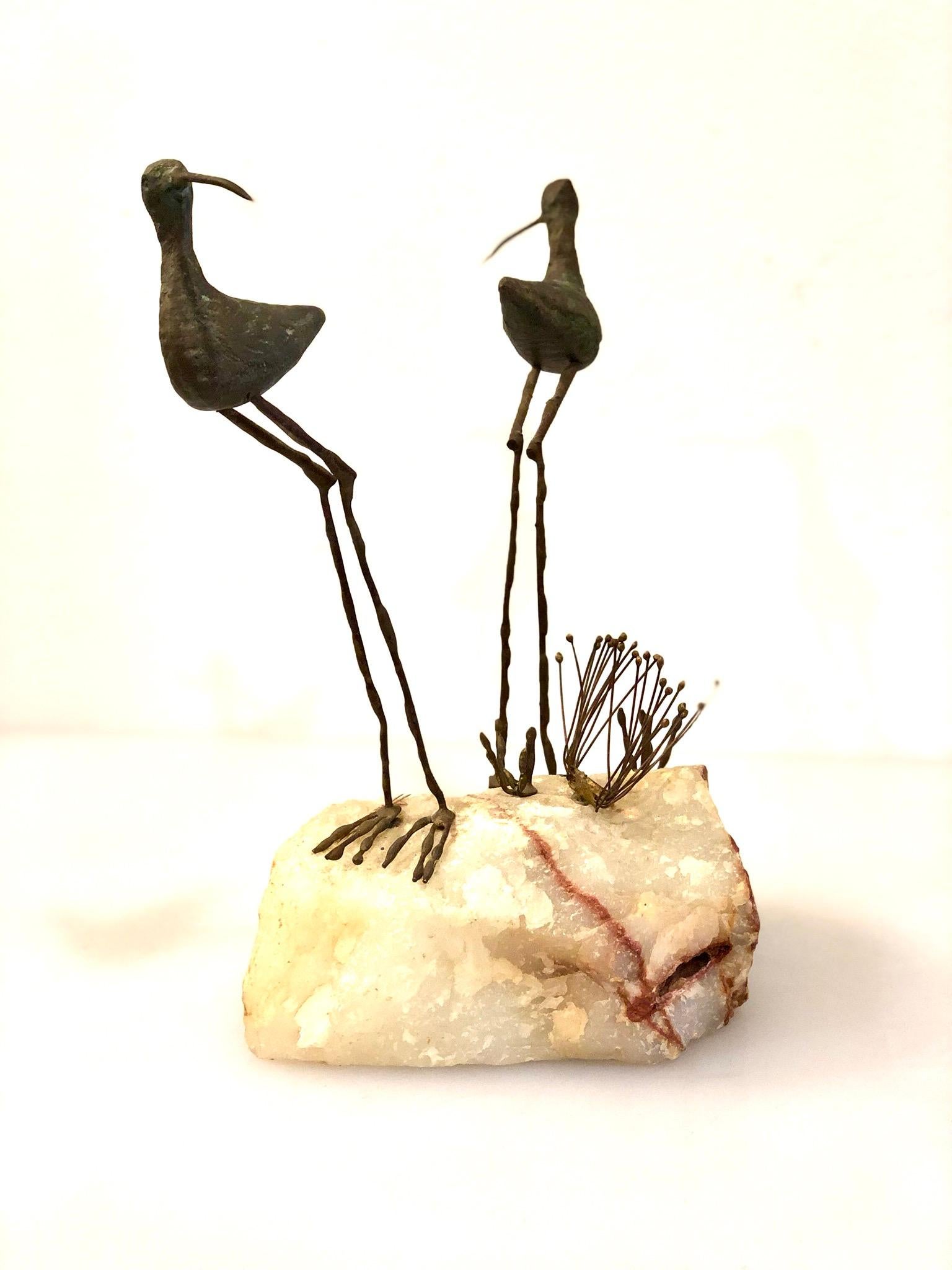 Brutalist Pair of Bronze Birds Sculpture on Quartz Base by Curtis Jere, 1968