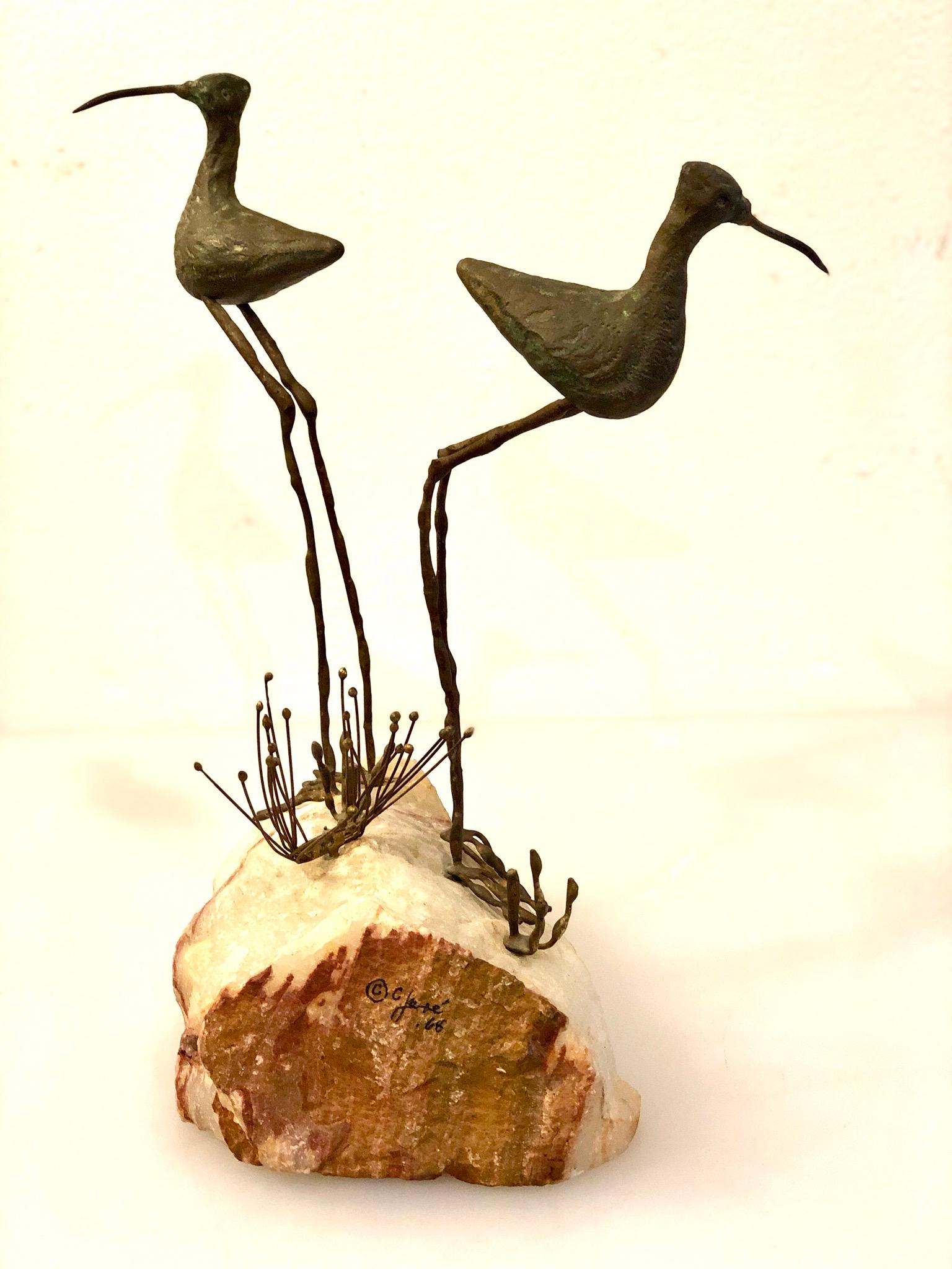 American Pair of Bronze Birds Sculpture on Quartz Base by Curtis Jere, 1968