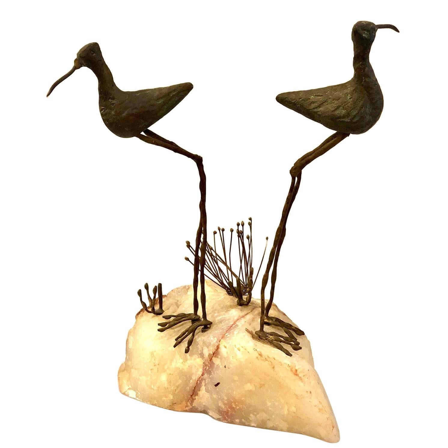 Pair of Bronze Birds Sculpture on Quartz Base by Curtis Jere, 1968