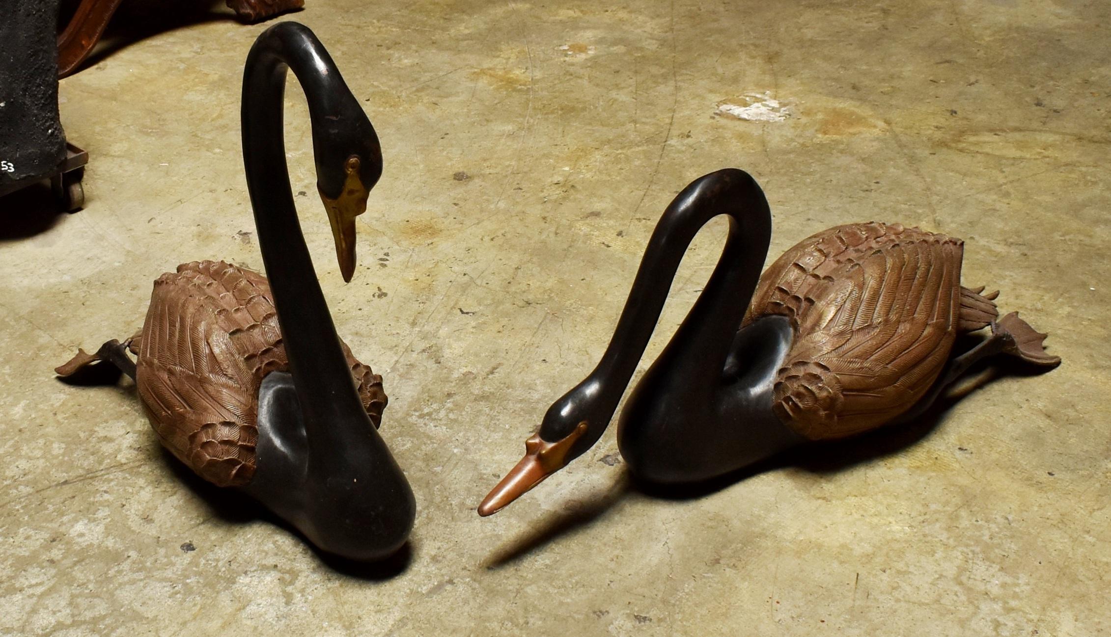 Patinated Pair of Bronze Black Swans