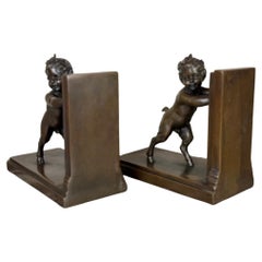 Pair Of Bronze Bookends With Green Patina, Satyrs, Circa 1900