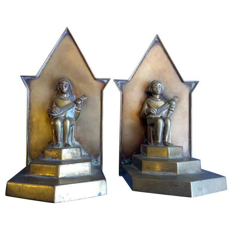 Pair of Bronze Bookends with Sitar Players