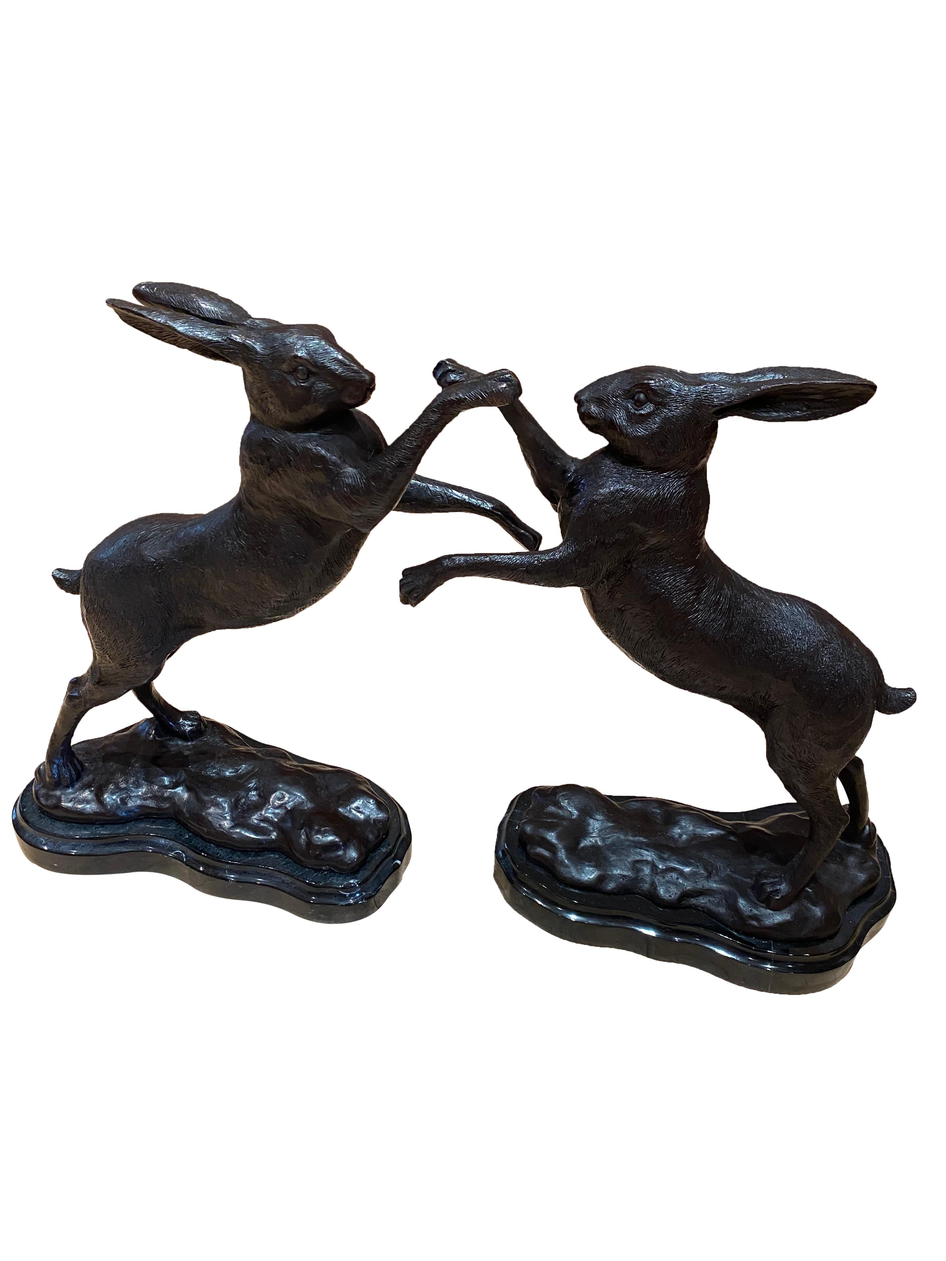 French Pair of Bronze Boxing Hares, 20th Century For Sale