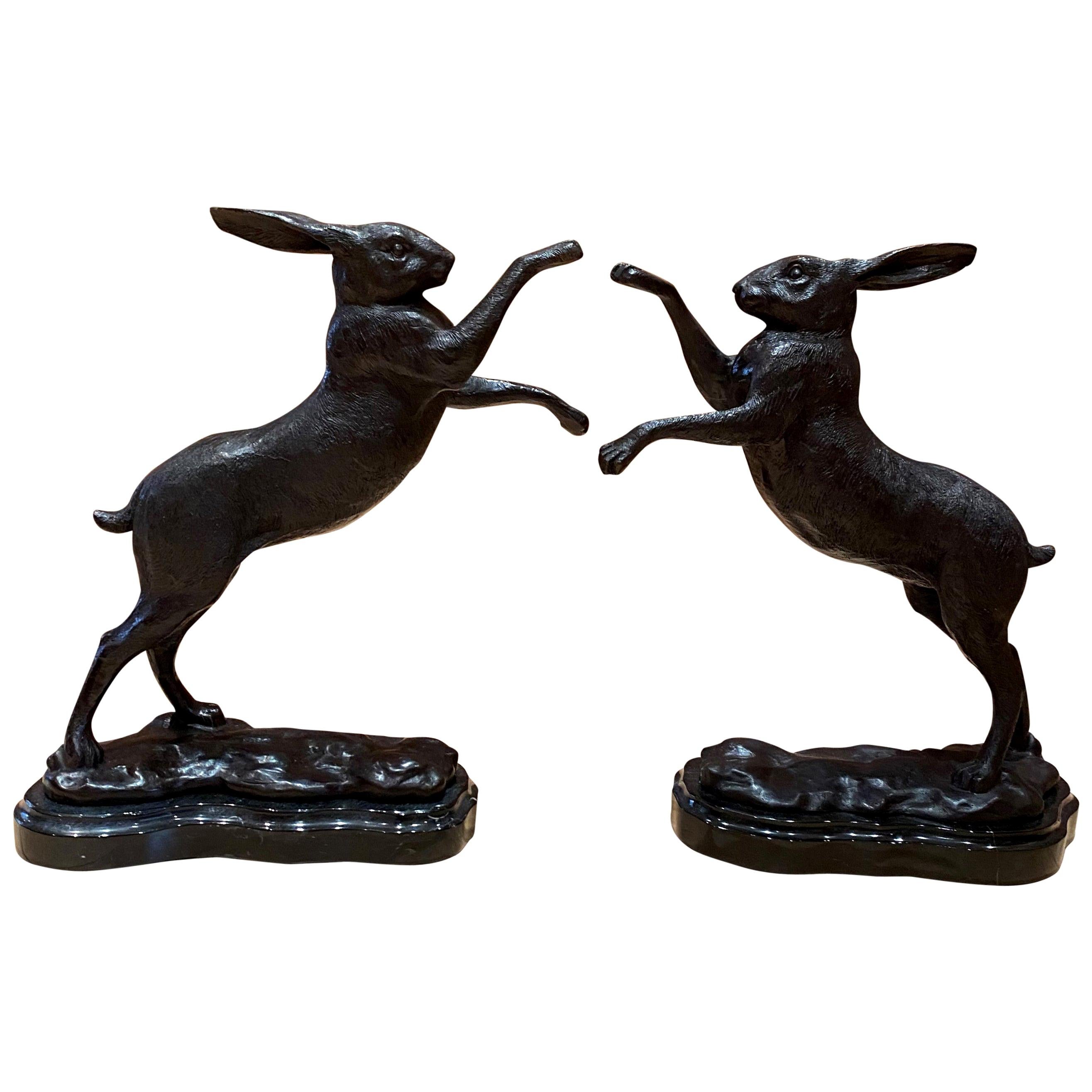 Pair of Bronze Boxing Hares, 20th Century For Sale