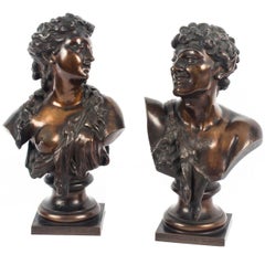 Pair of Bronze Busts Jean Baptiste Lebroc Bacchante and a Satyr, 19th Century