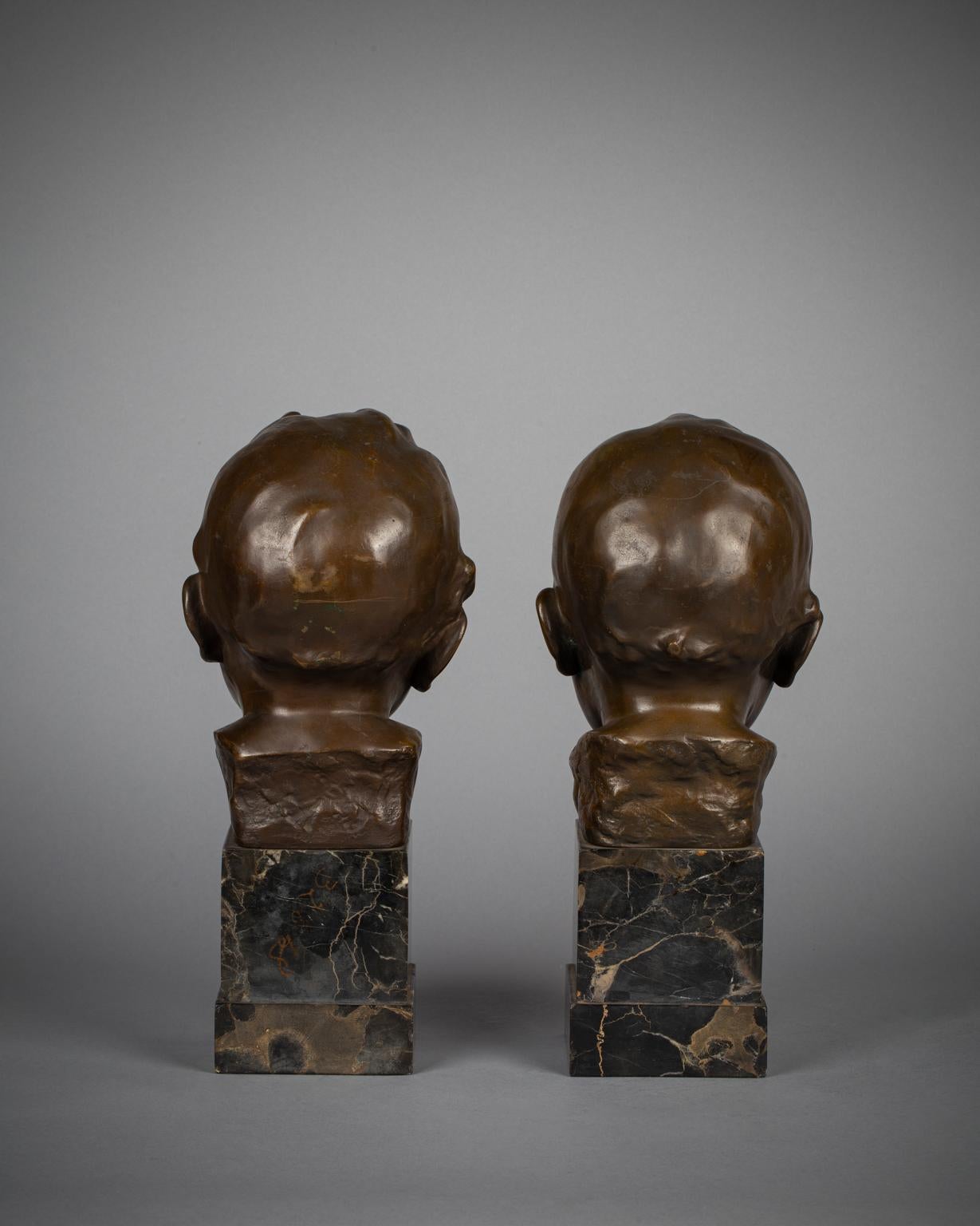 Pair of Bronze Busts on Marble Stands of Babies, by Victor Heinrich Seifert (1870-1953)