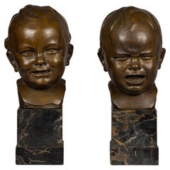 Pair of Bronze Busts on Marble Stands of Babies, by Victor Heinrich Seifert