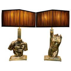 Vintage Pair of Bronze Busts Table Lamps with our Handcrafted Lampshades, 1980s