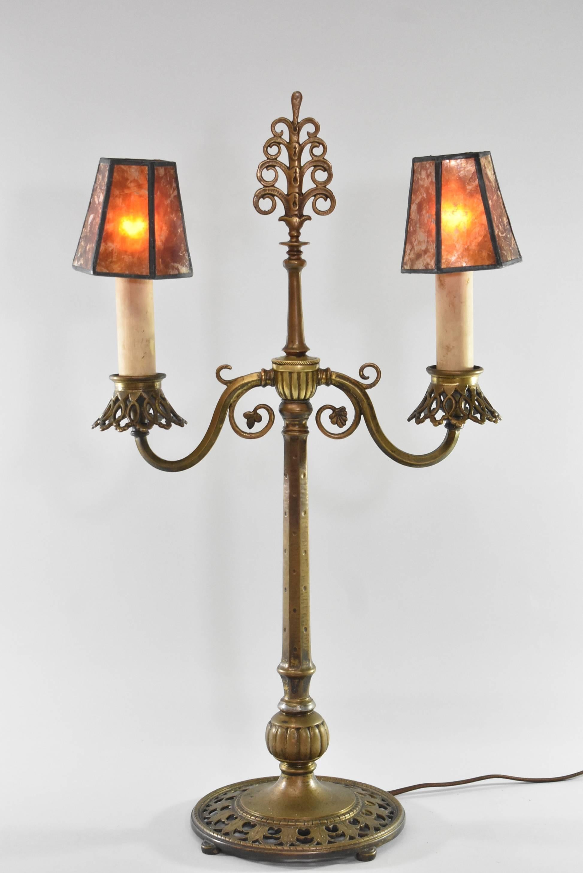 American Pair of Bronze Candelabra Style Buffet Lamps by Oscar Bach For Sale