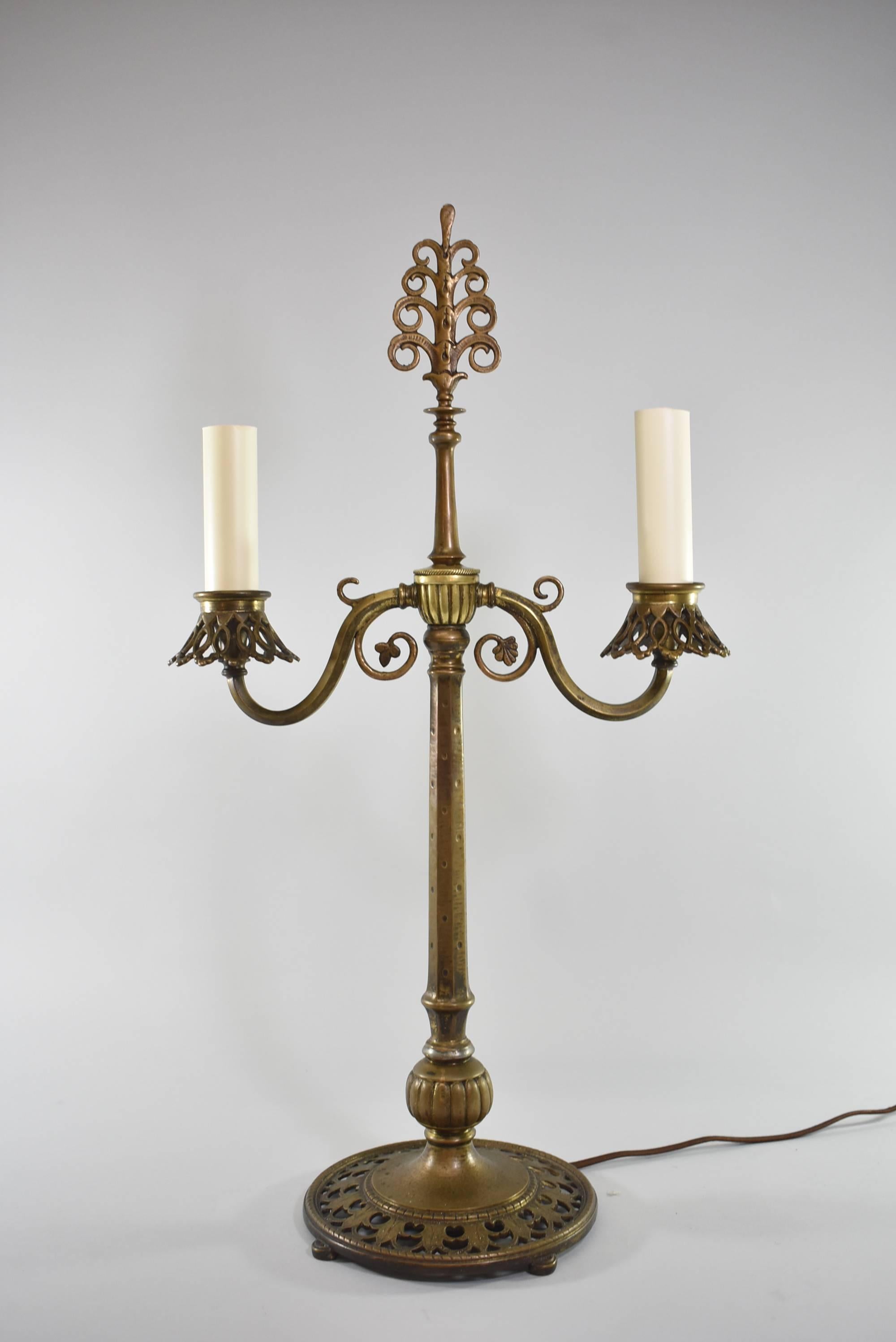 Pair of Bronze Candelabra Style Buffet Lamps by Oscar Bach In Good Condition For Sale In Toledo, OH